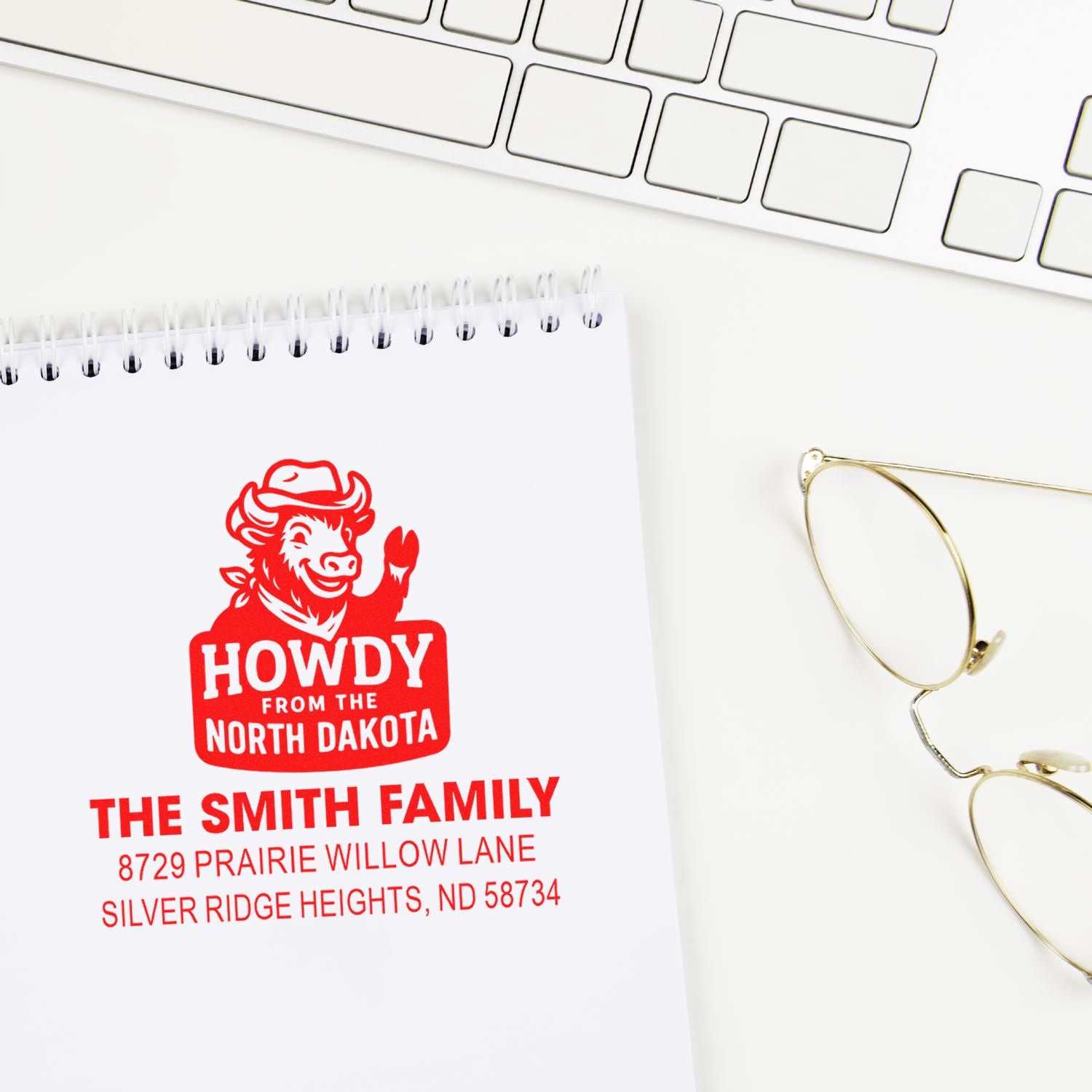 Custom return address rubber stamp featuring Howdy from North Dakota design for The Smith Family, Silver Ridge Heights, ND.