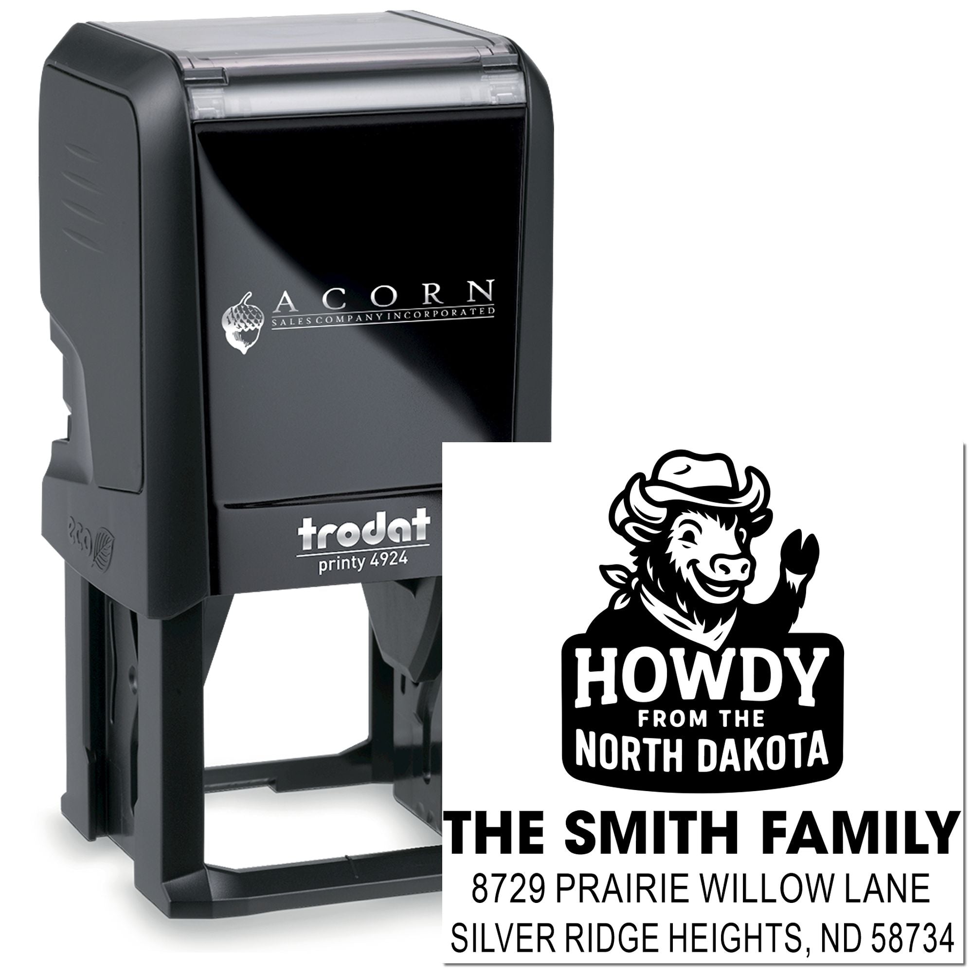 Custom self-inking rubber stamp for family address labels, featuring Howdy from North Dakota design and The Smith Family.