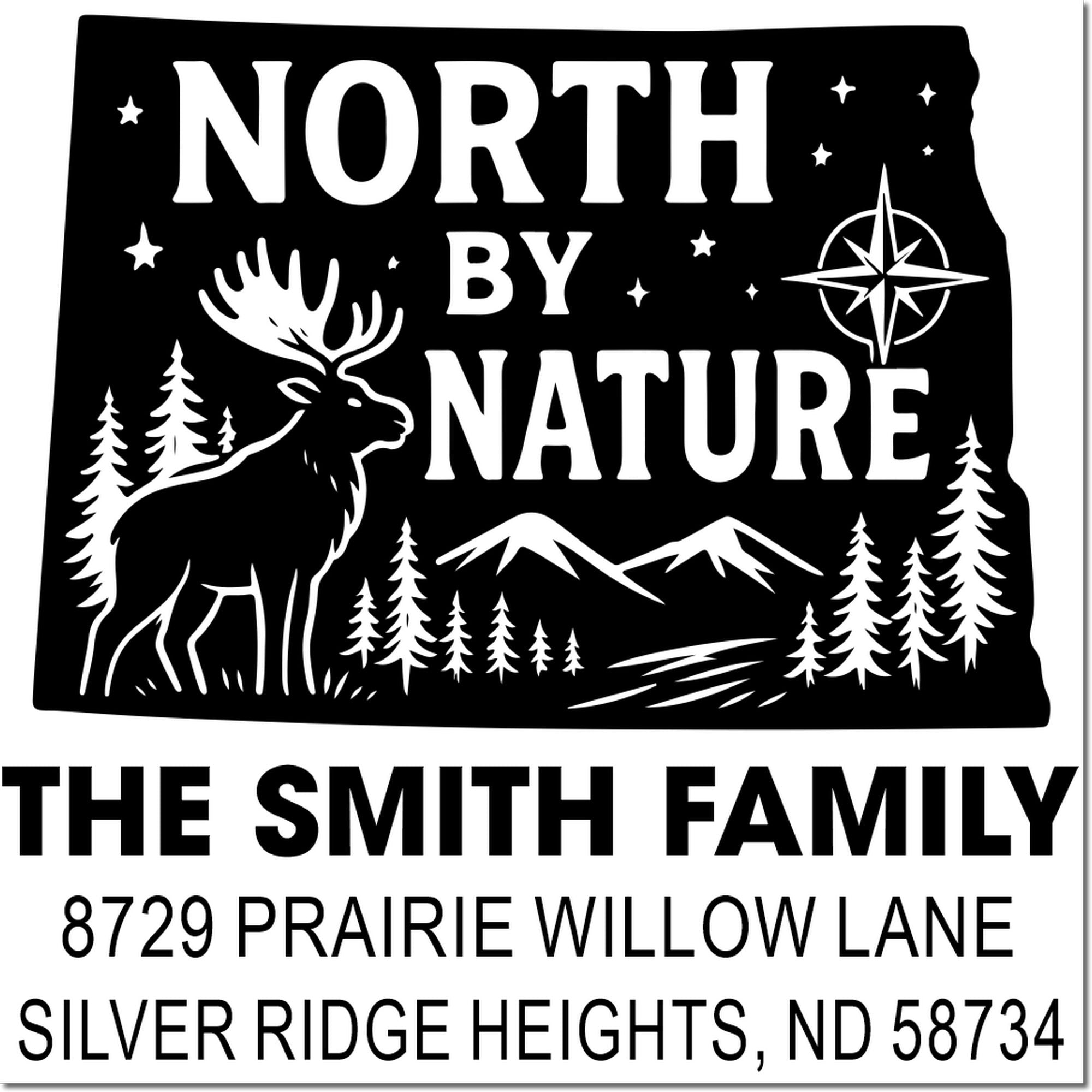 Custom North By Nature family return address rubber stamp with deer, mountains, trees and compass.