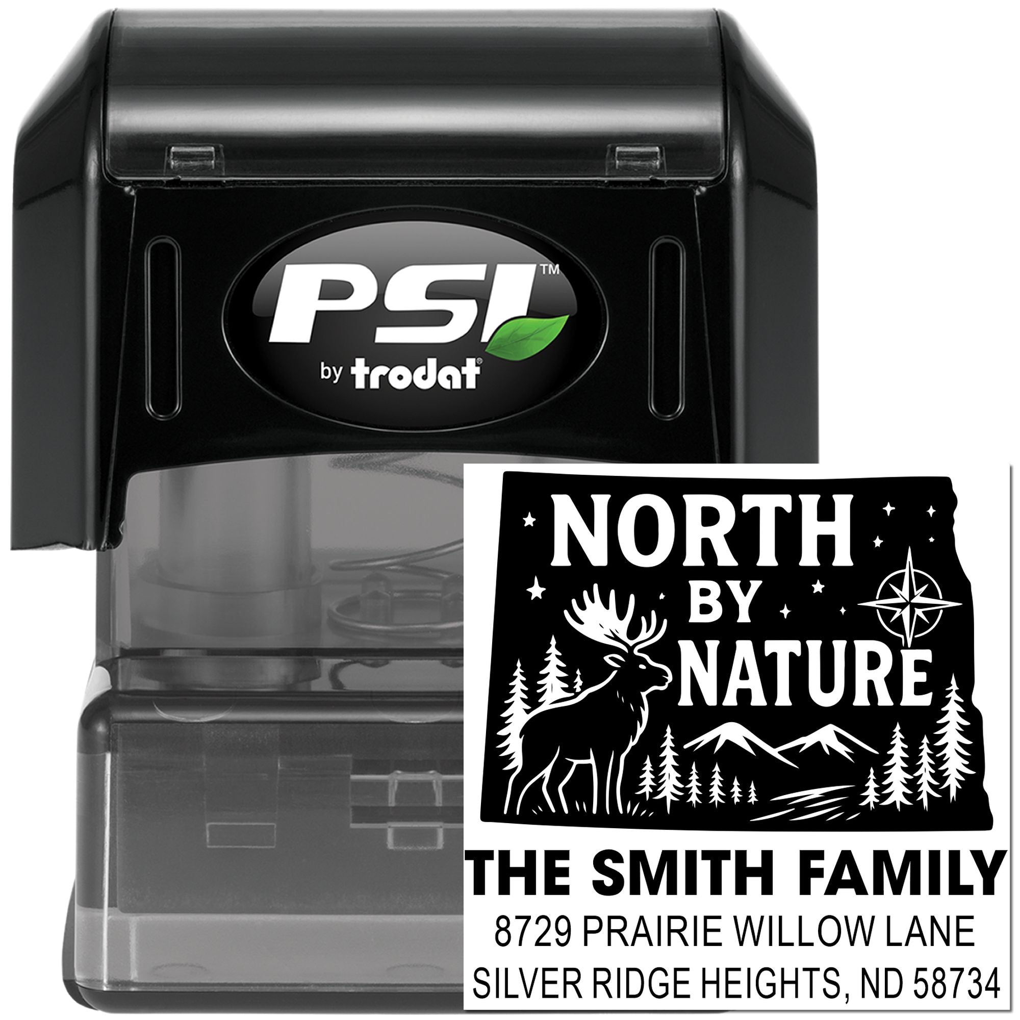 Custom PSI Trodat self-inking address rubber stamp with North by Nature family design and return address.