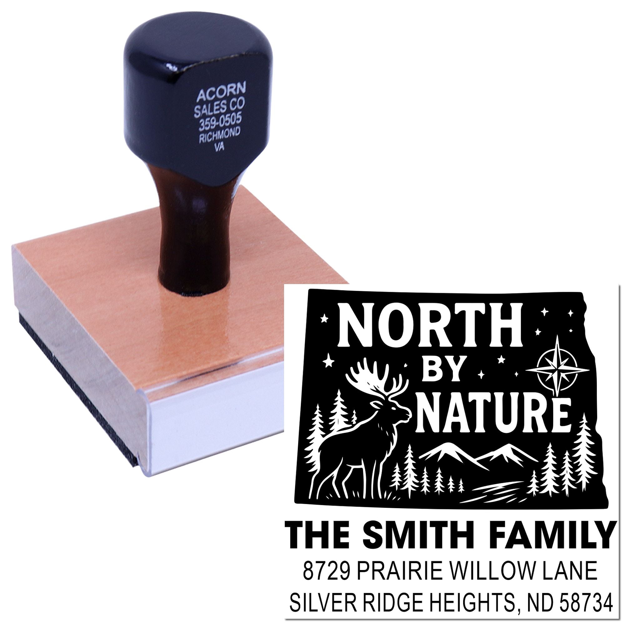 Custom return address rubber stamp with North by Nature design for The Smith Family mailing labels.