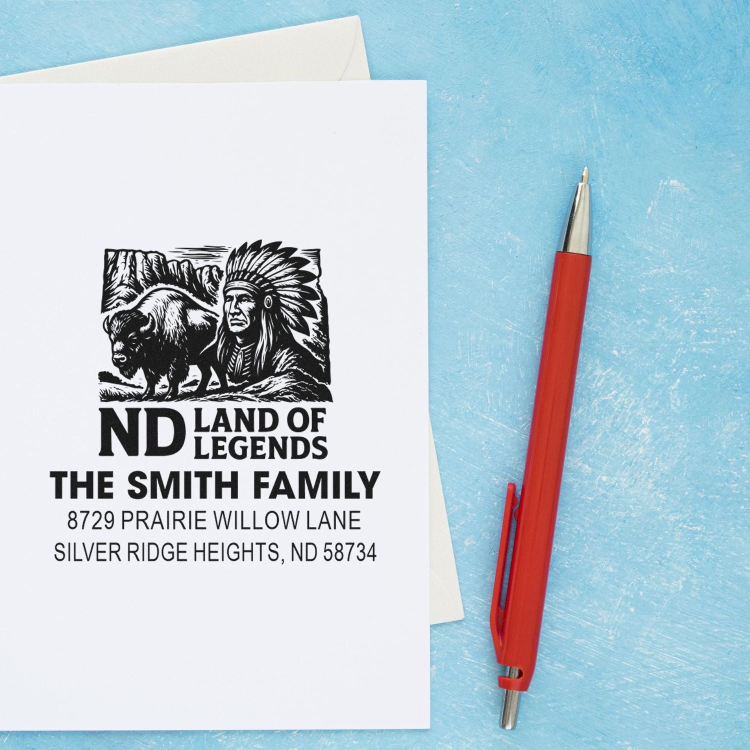 Custom rubber return address stamp for The Smith Family, featuring a bison and Native American design on a white envelope.