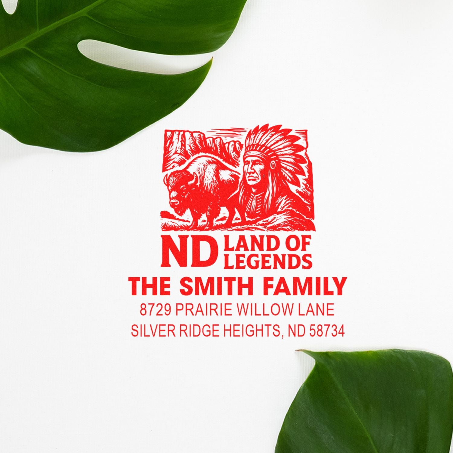 Custom North Dakota family address rubber stamp with Land of Legends design, Smith family name, and mailing address.