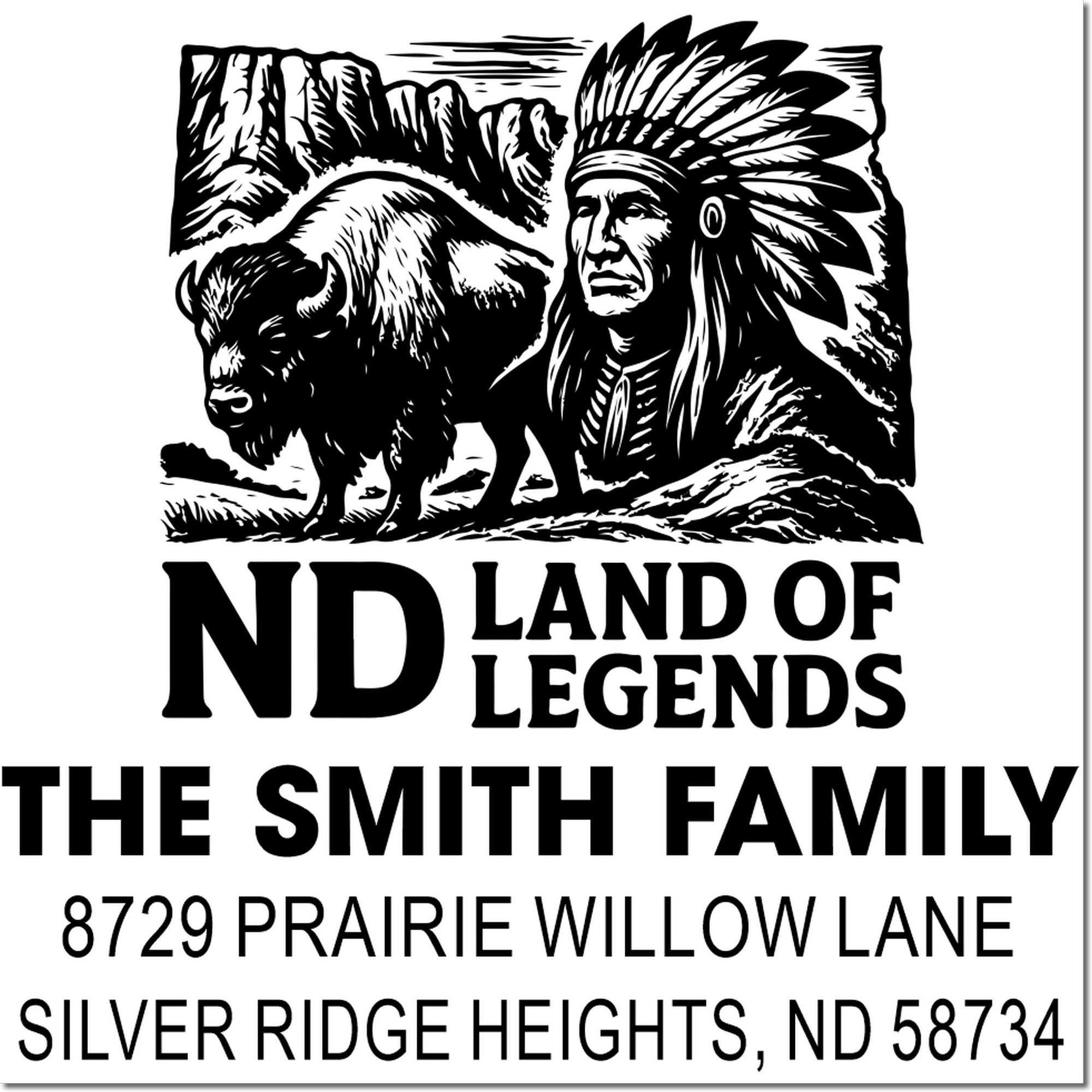 Custom North Dakota return address rubber stamp for The Smith Family, 8729 Prairie Willow Lane, Silver Ridge Heights, ND 58734