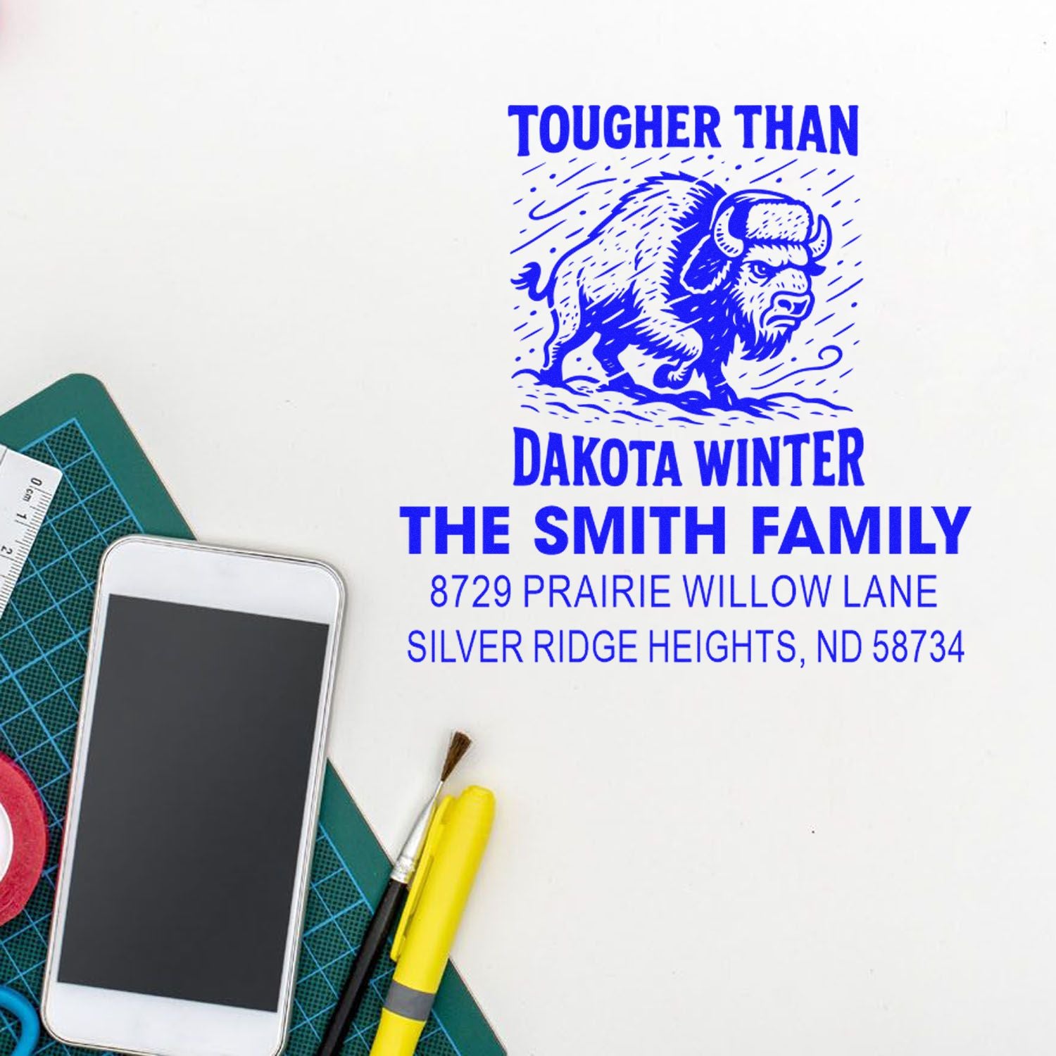 Custom bison return address rubber stamp for The Smith Family, featuring Tougher Than Dakota Winter.