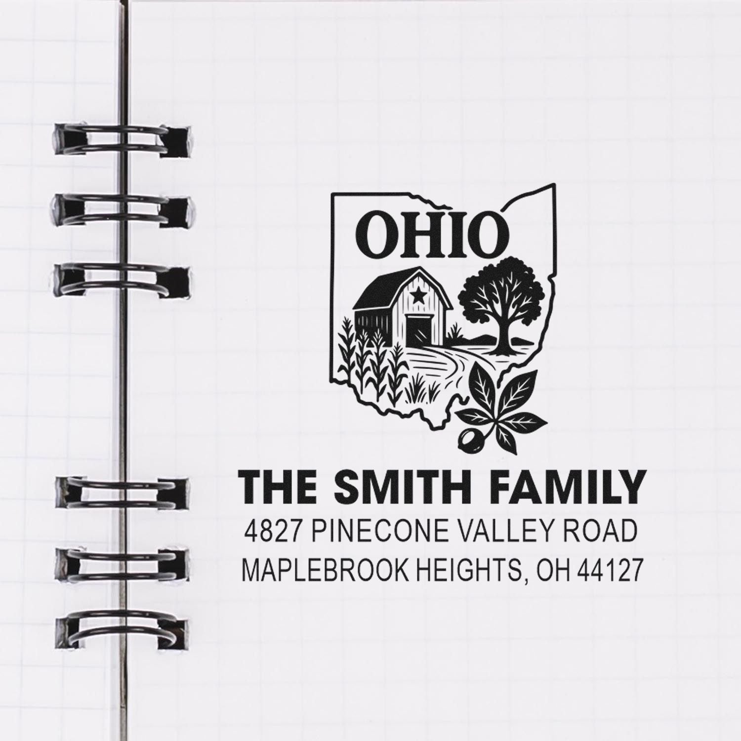 Custom Ohio family return address rubber stamp with barn, tree and state outline design for The Smith Family, Maplebrook Heights, OH.