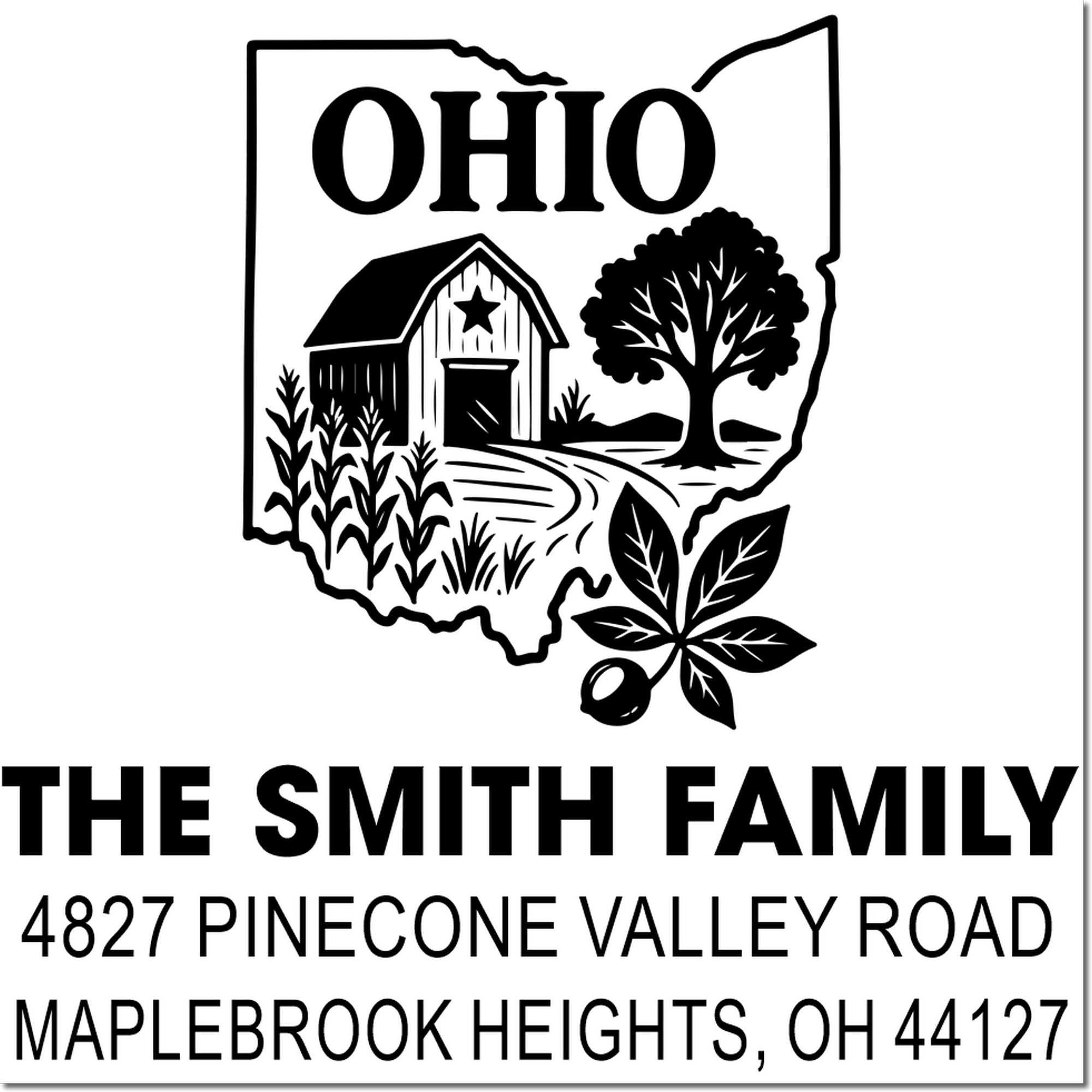 Custom Ohio return address rubber stamp for The Smith Family, 4827 Pinecone Valley Road, Maplebrook Heights, OH 44127 with farm design