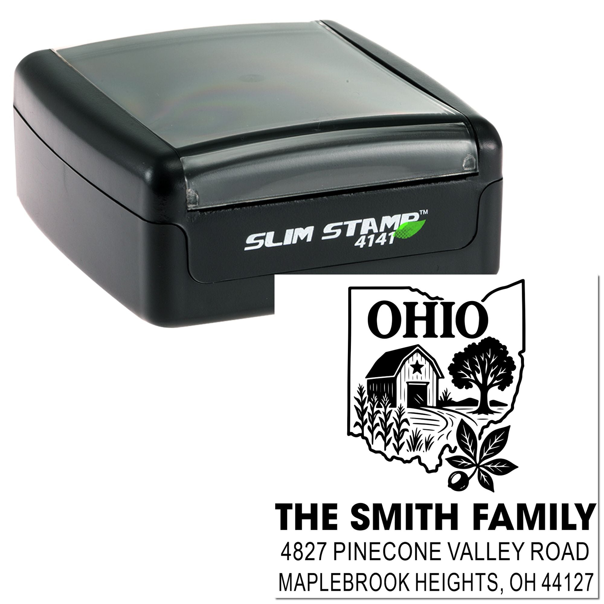 Custom Ohio return address rubber stamp with self-inking slim stamp and family name imprint design