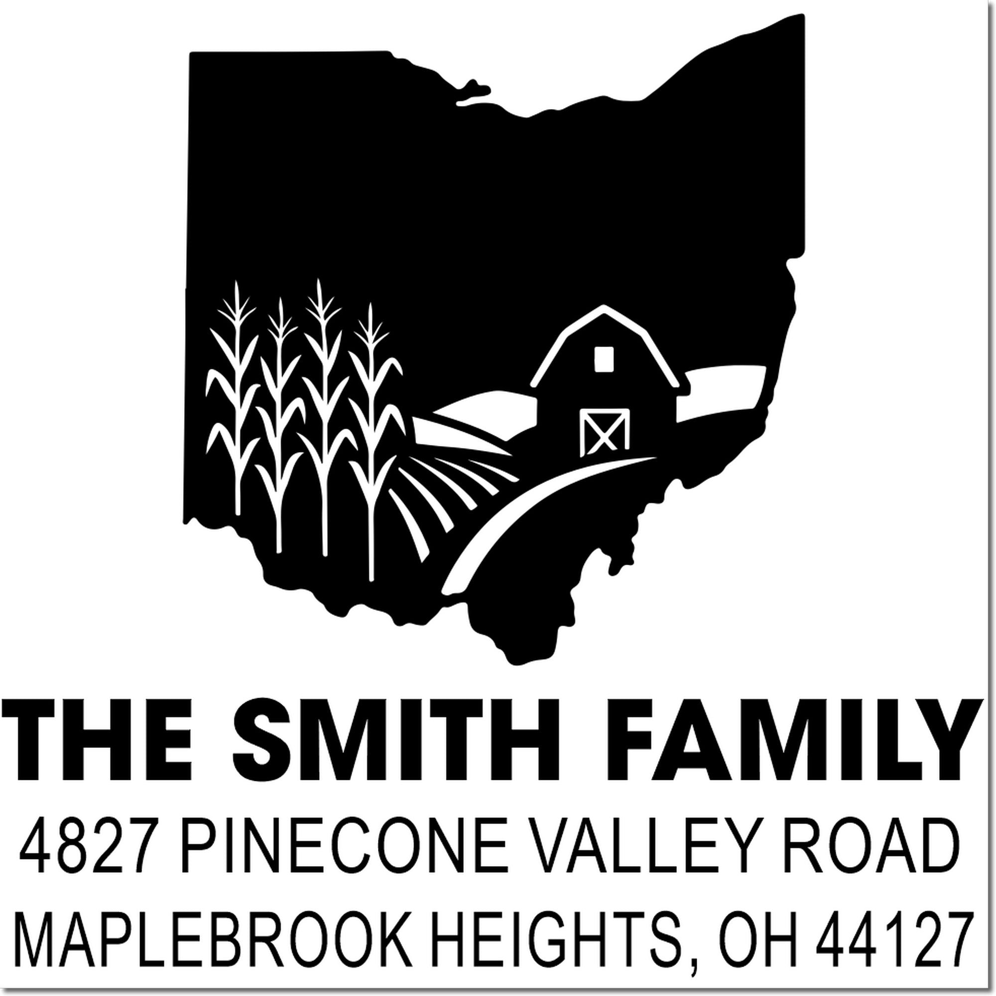 Personalized Ohio farm return address stamp with barn, cornfield, and The Smith Family custom mailing design.