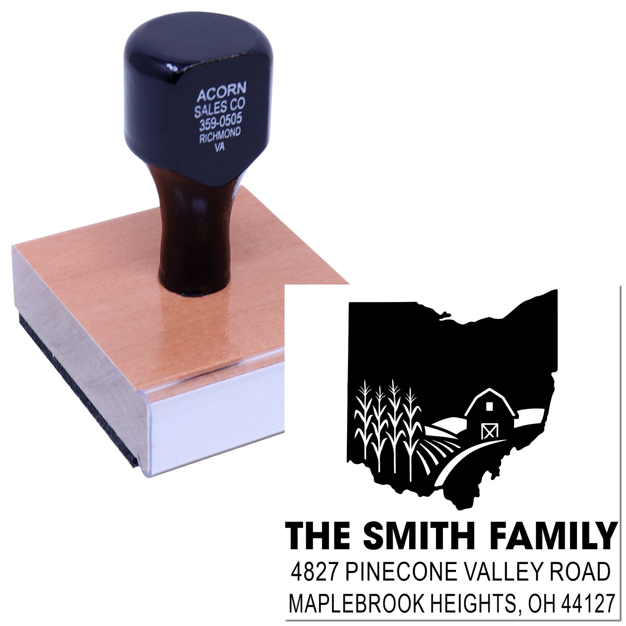 Custom rubber stamp for family farm return addresses with Ohio silhouette and personalized name and address.
