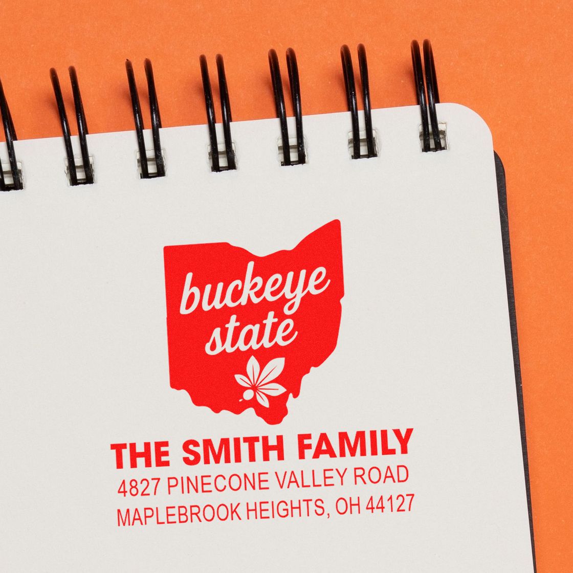 Custom rubber stamp with Ohio Buckeye State design and Smith family return address imprint on notebook page.