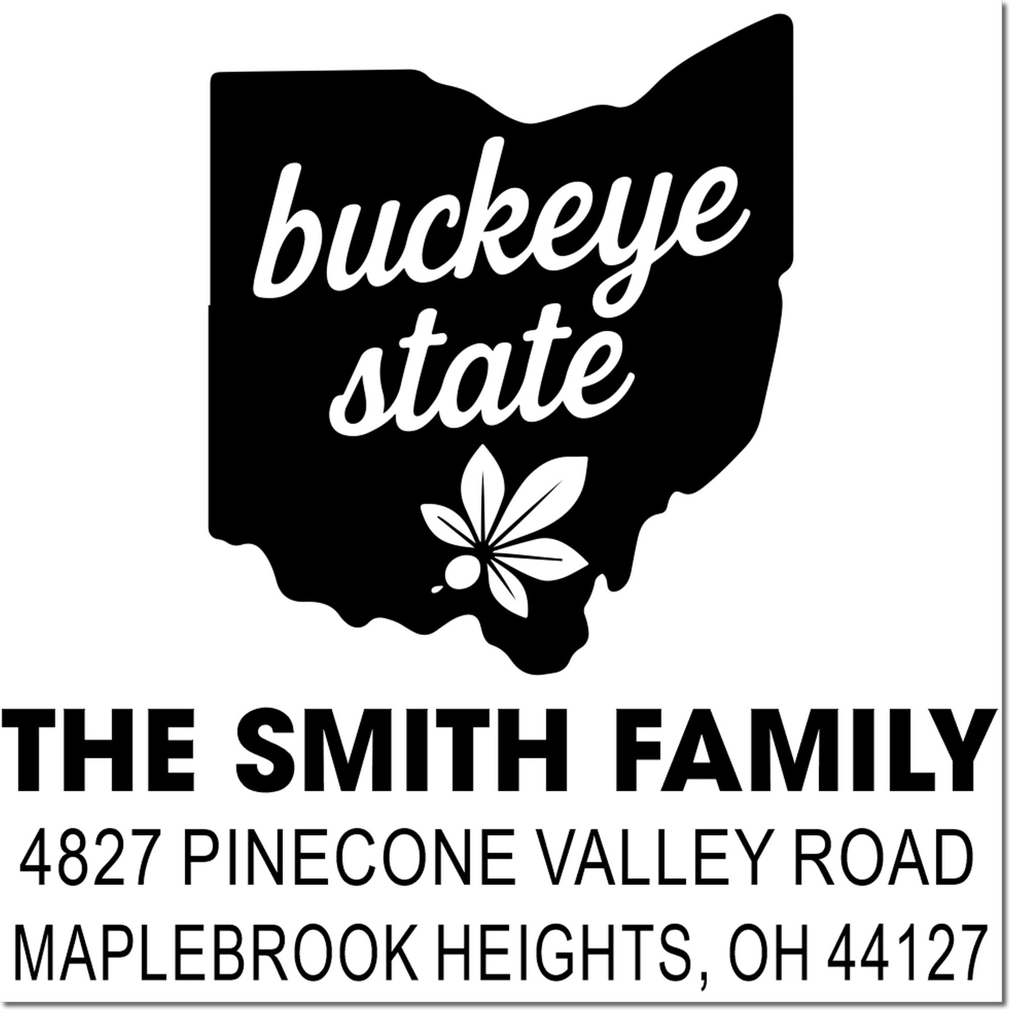 Personalized Ohio Buckeye State return address rubber stamp with family name and Maplebrook Heights, OH address