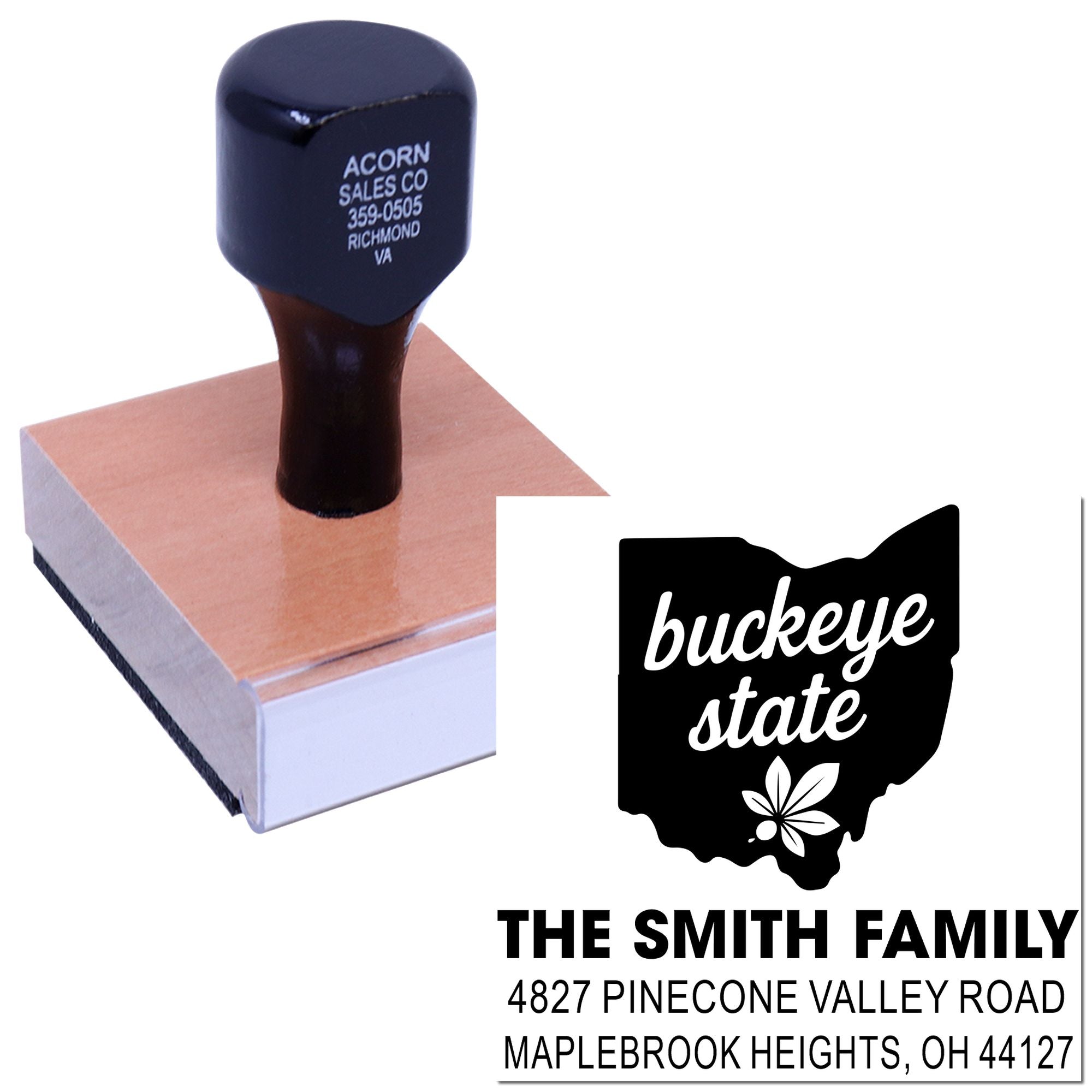 Custom Ohio state rubber stamp with family name and address for personalized mailing and branding.