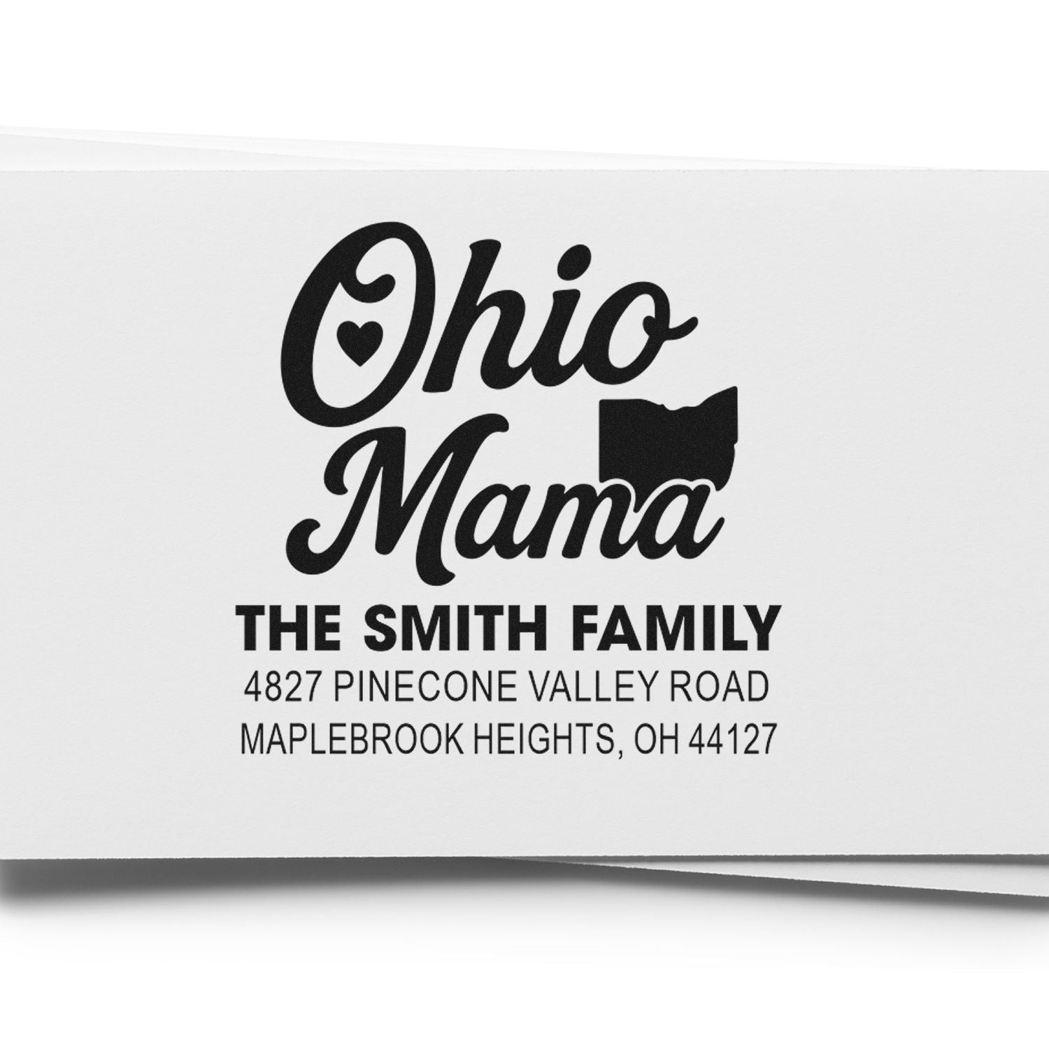 Custom Ohio Mama return address rubber stamp with The Smith Family address, Maplebrook Heights, OH.