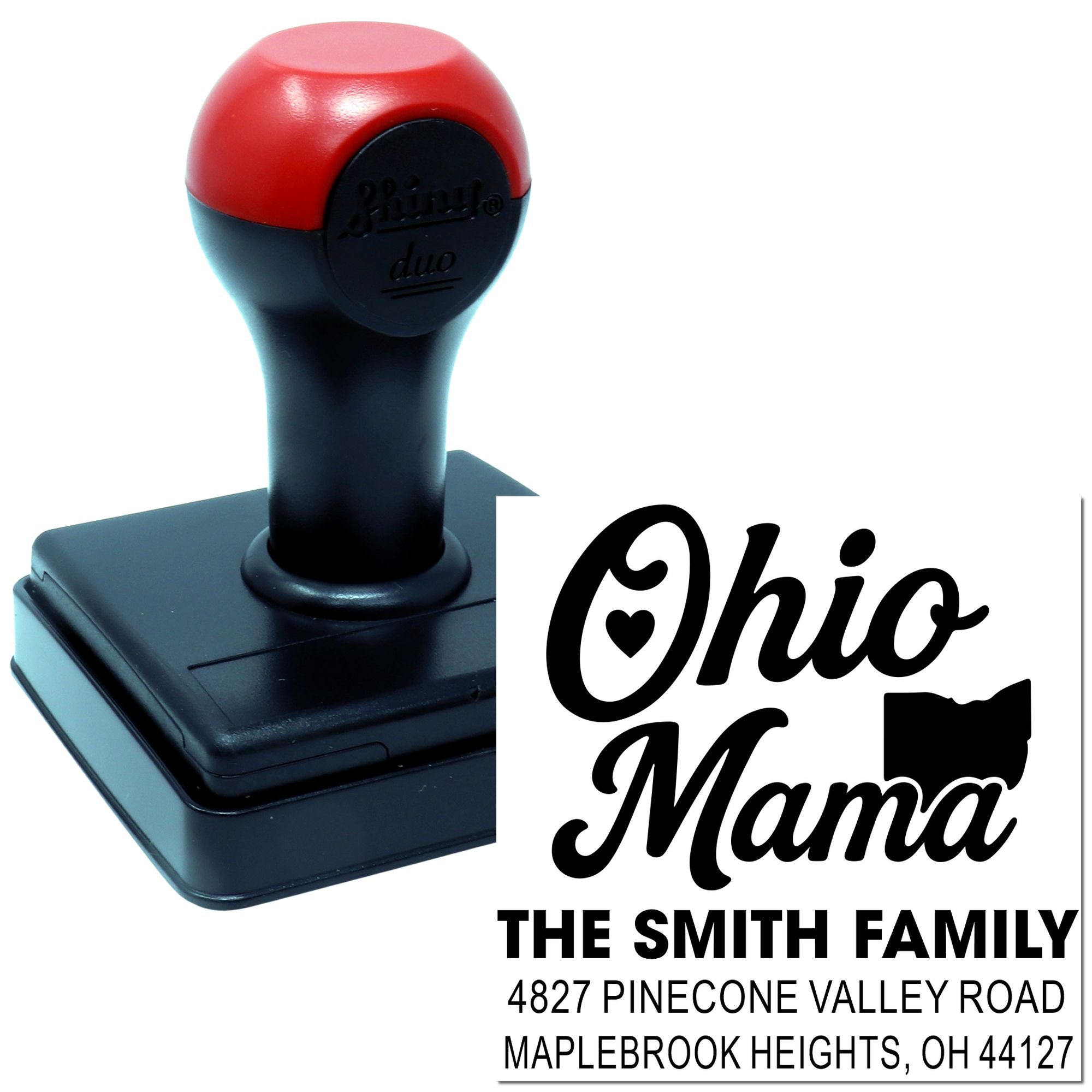 Custom Ohio return address rubber stamp for The Smith Family with "Ohio Mama" design.