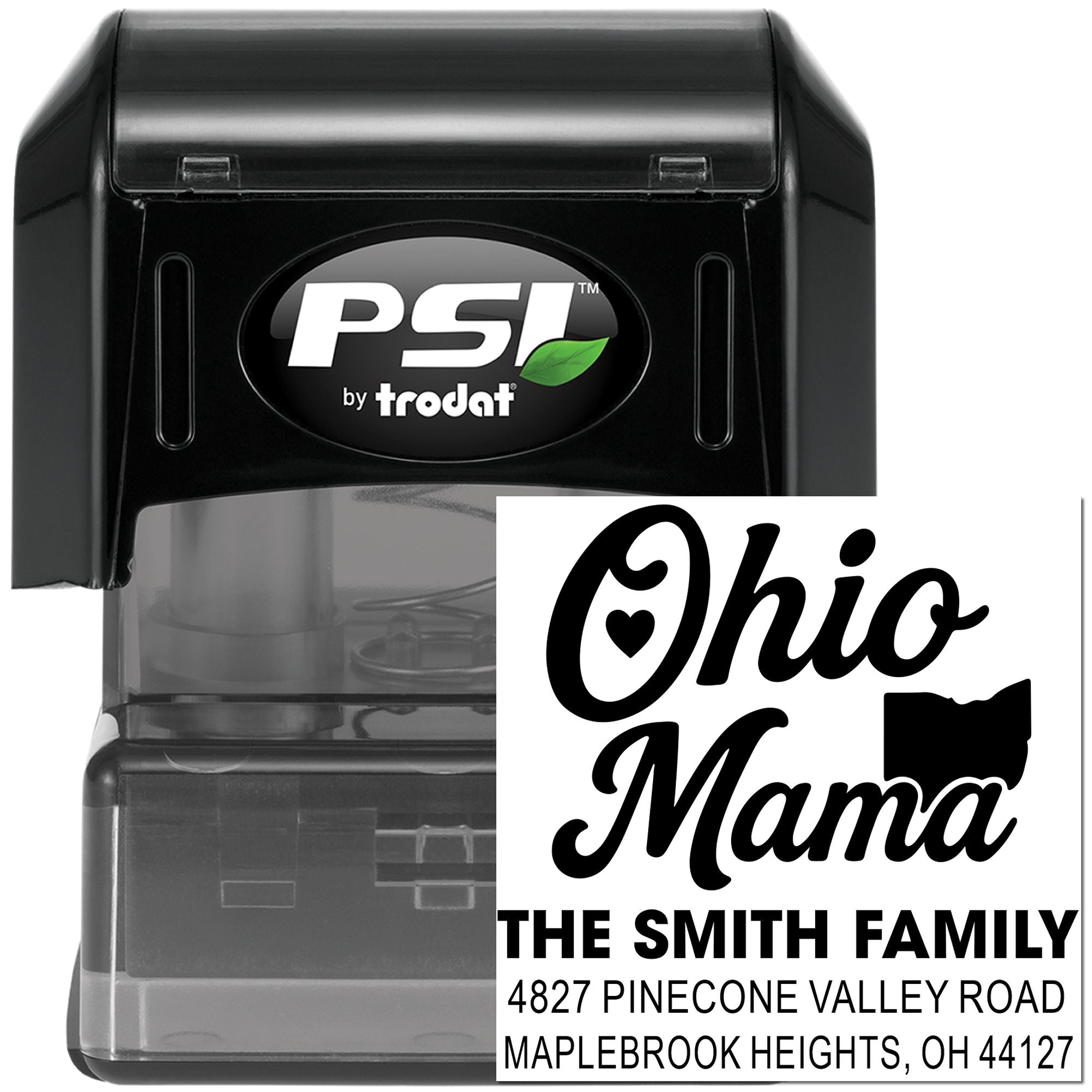 Custom Ohio self-inking return address rubber stamp with family name, street address, city, state and ZIP.