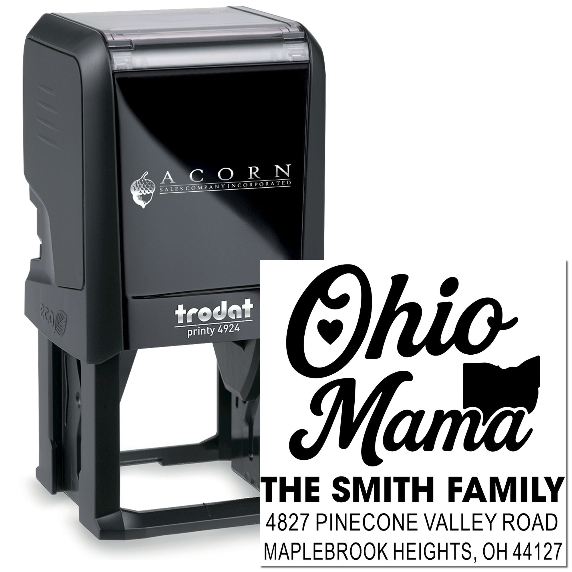 Custom self-inking Trodat Printy 4924 rubber stamp for Ohio Mama family address labels and mailings.