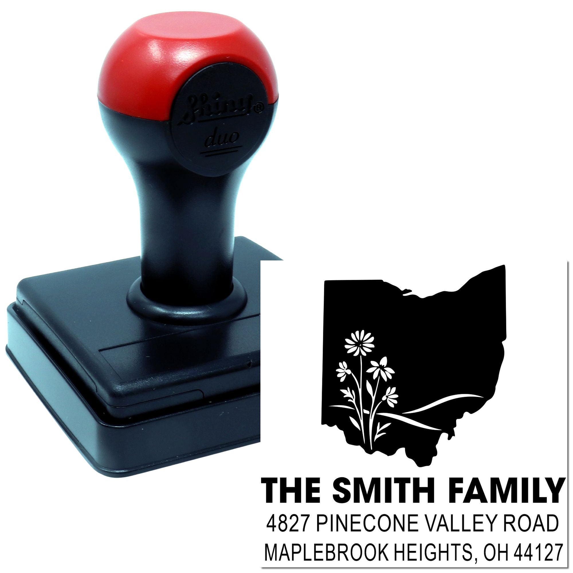 Custom Ohio return address self-inking rubber stamp for The Smith Family, featuring personalized name and address.