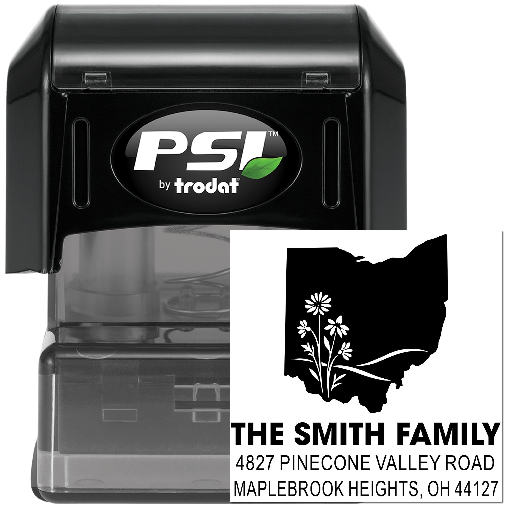 Custom self-inking rubber address stamp with Ohio state design, family name, and return address for mailing.