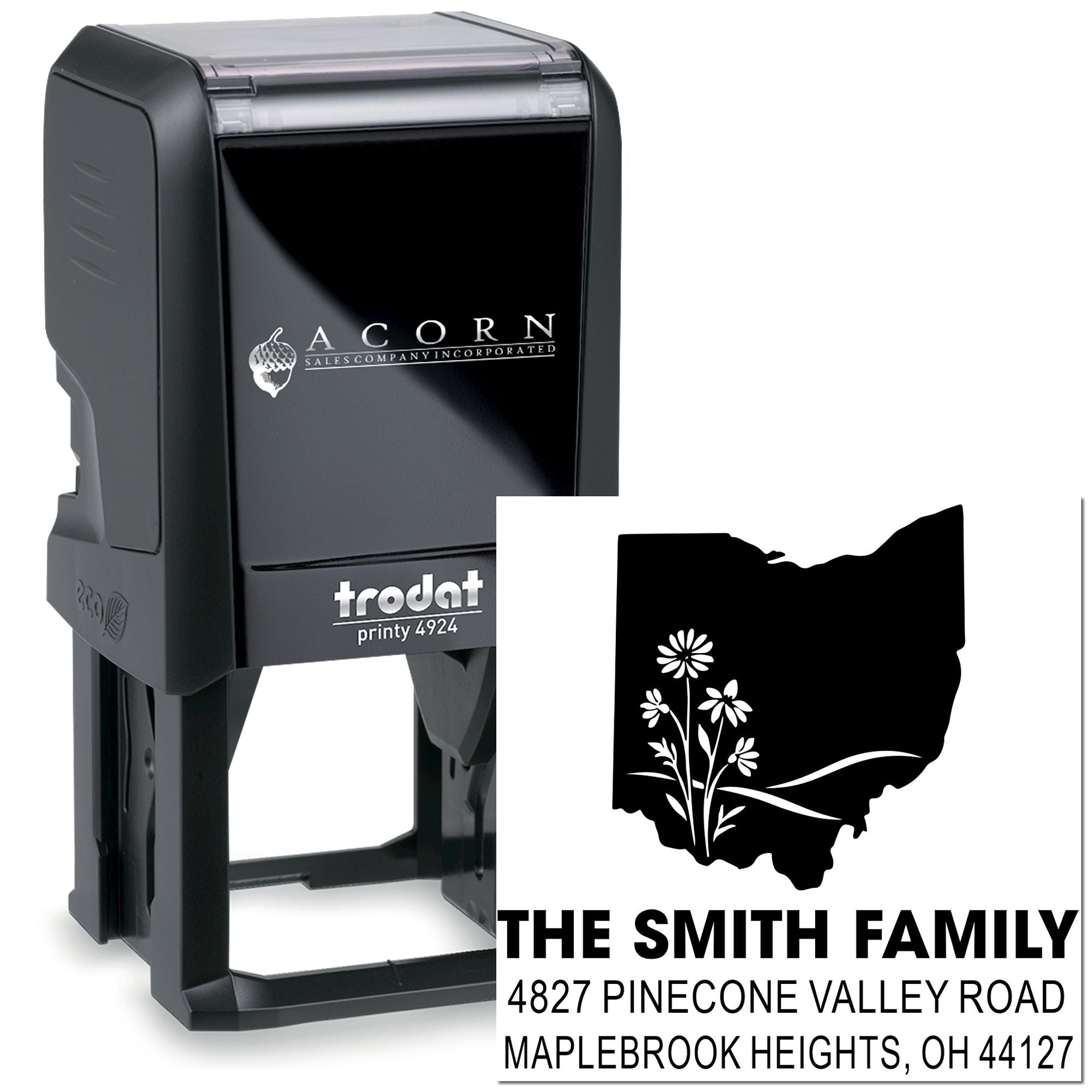 Custom self-inking Trodat address rubber stamp with Ohio state design for personalized family mailings.