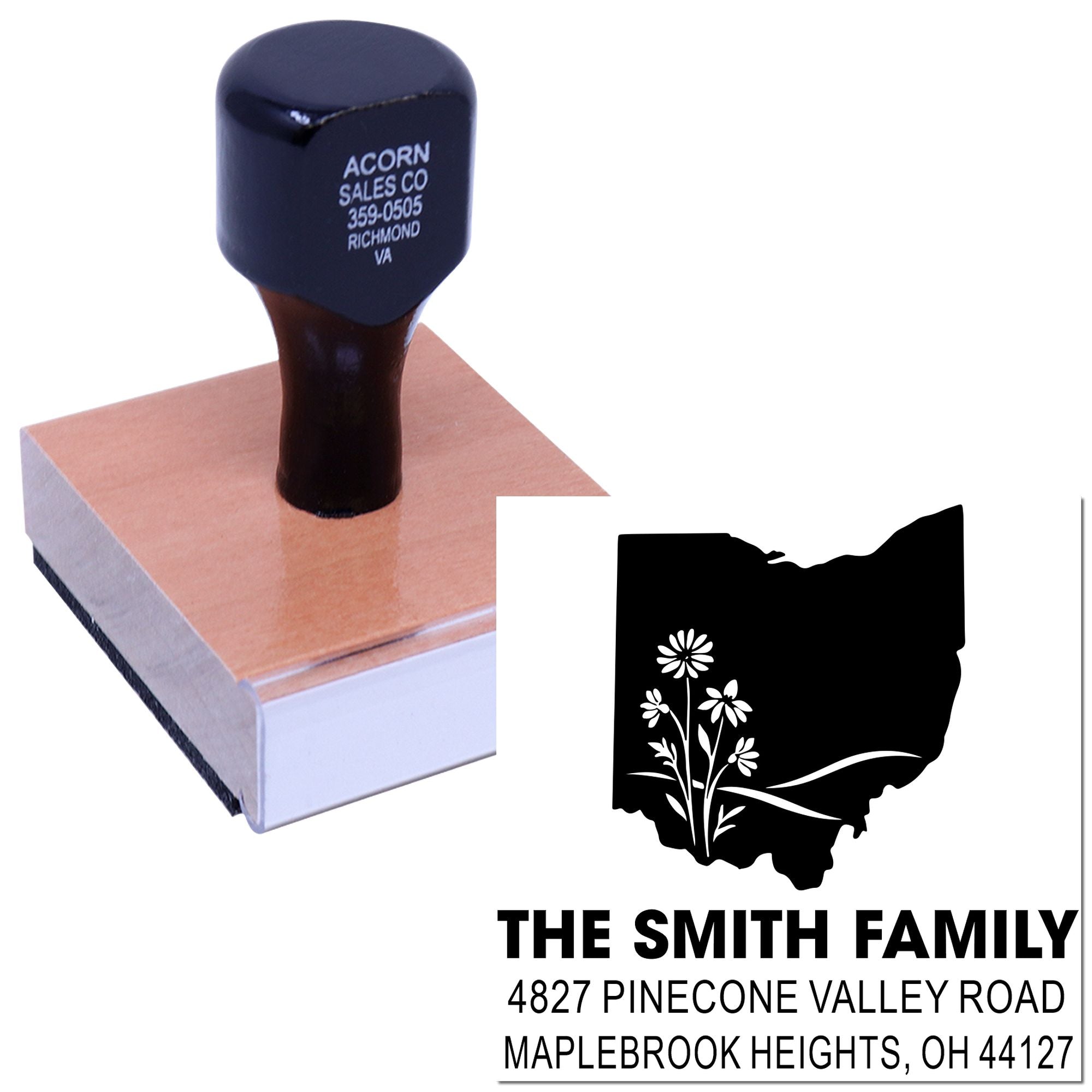 Personalized Ohio address rubber stamp with family name and floral state design for custom return address mailing.