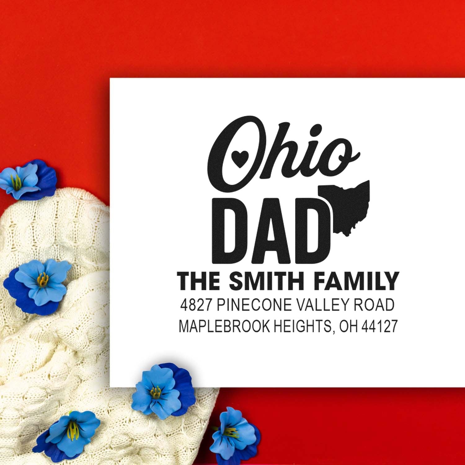 Custom Ohio Dad rubber stamp with Ohio silhouette, family name, and address for personalized mail and gifts.