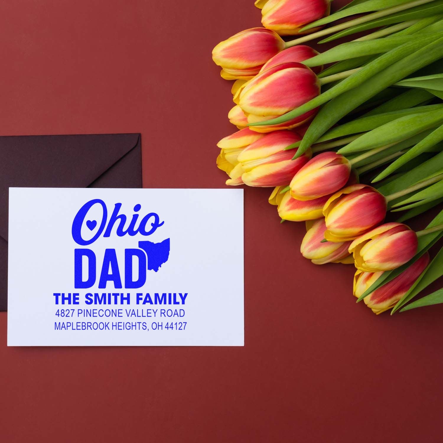 Custom Ohio Dad return address rubber stamp with family name and address, styled for a Father's Day card.