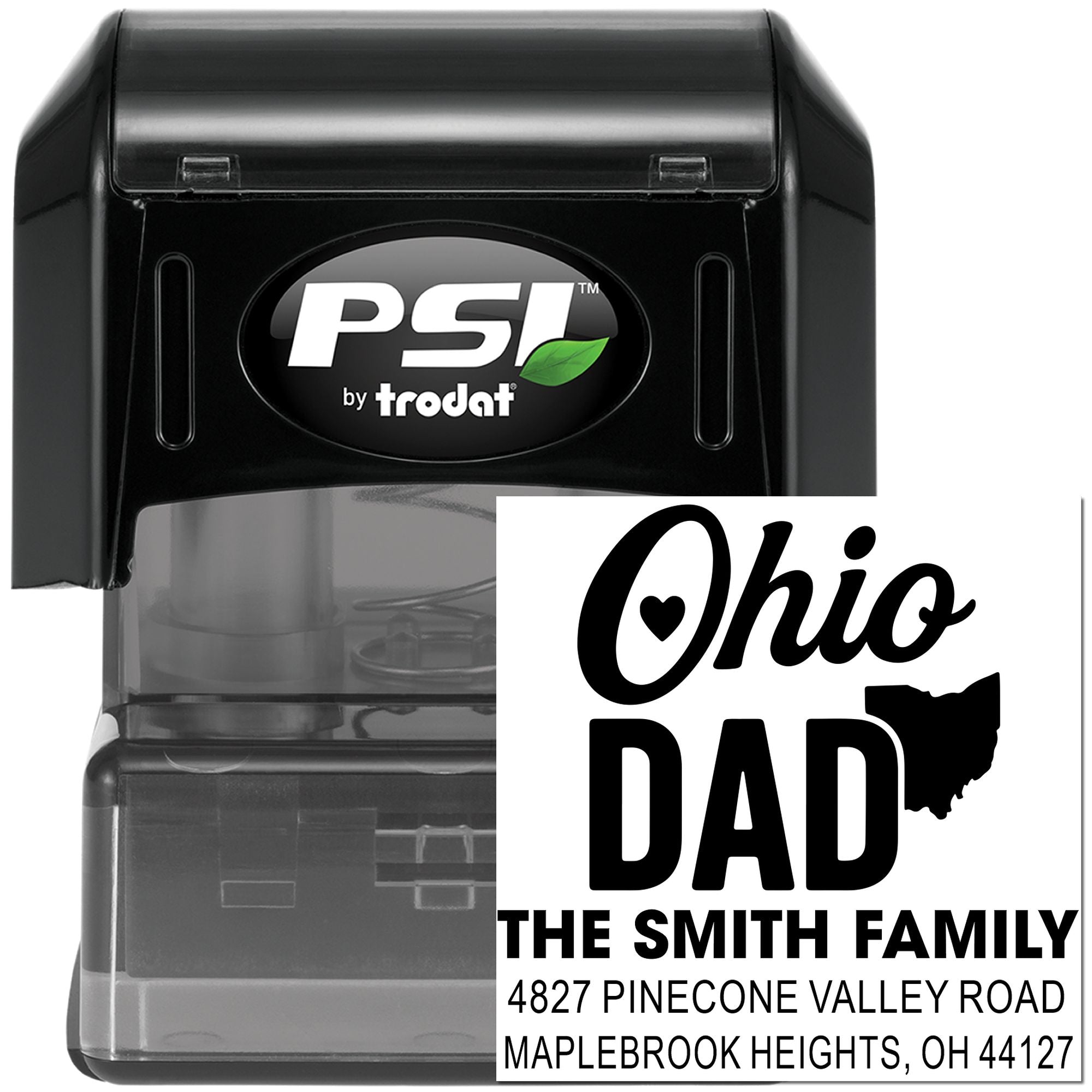 Custom Ohio dad self-inking rubber stamp with family name and address, PSI by Trodat