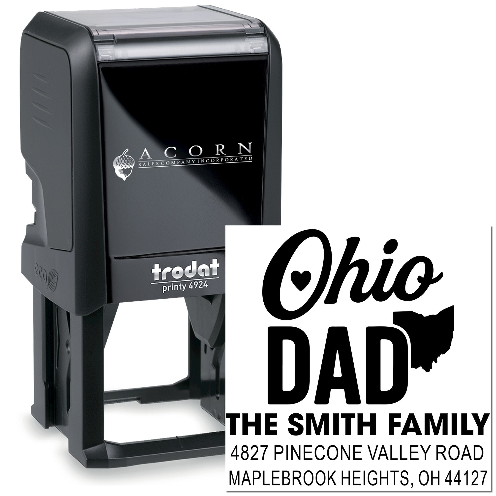 Custom Ohio Dad self-inking rubber stamp, personalized Trodat Printy 4924 address stamp with family name and Ohio address.