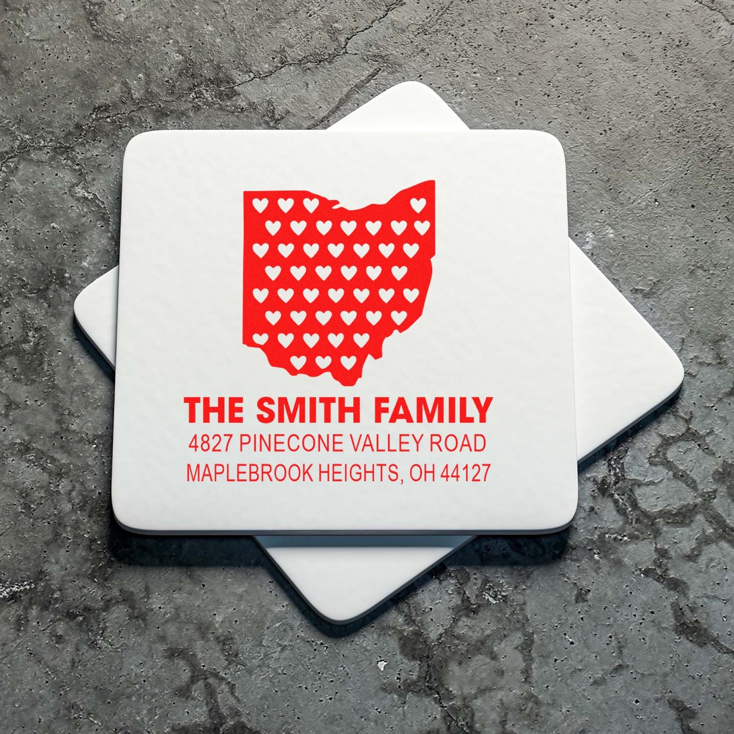 Personalized Ohio family address rubber stamp with heart design for custom mailing labels, cards, and stationery.