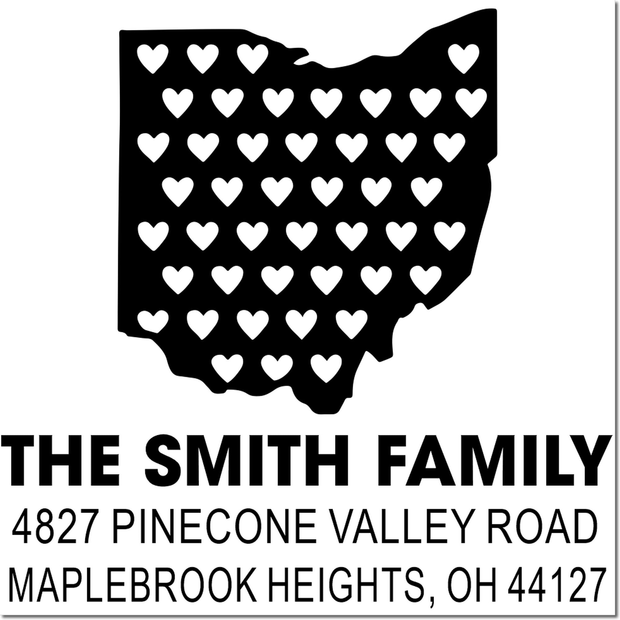 Personalized Ohio return address rubber stamp for The Smith Family with heart-filled state design.