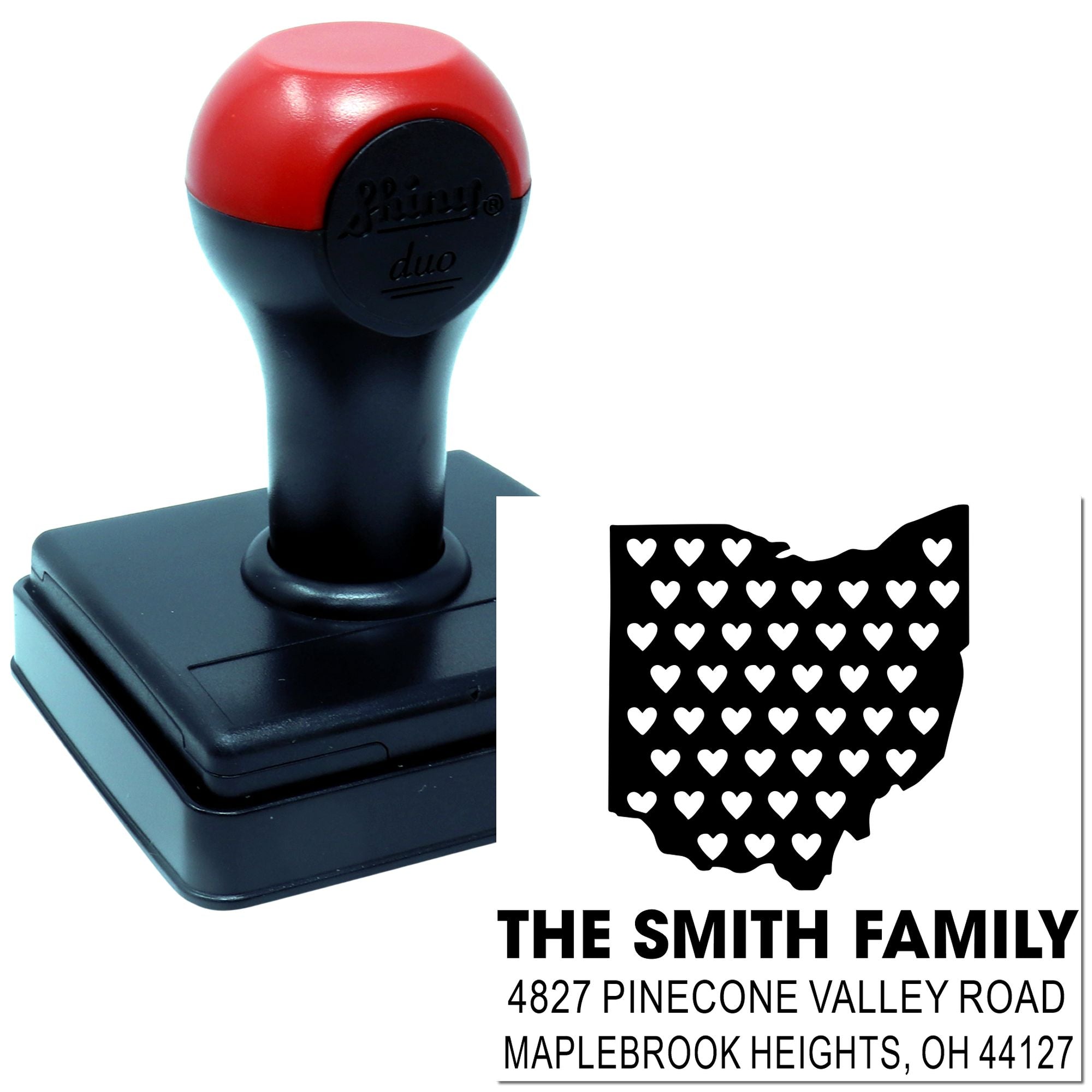 Custom self-inking address rubber stamp with Ohio heart design for The Smith Family, Maplebrook Heights, OH.