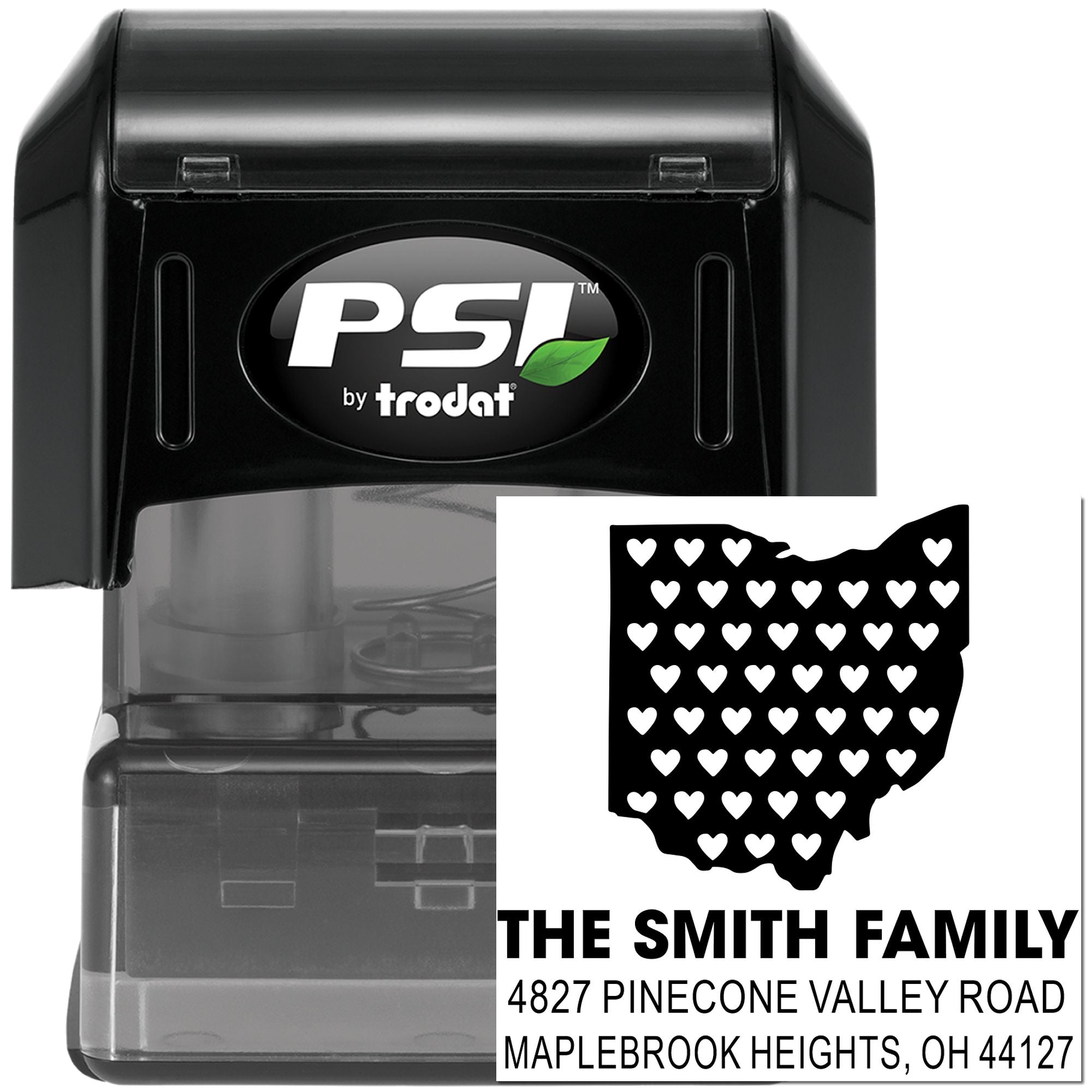 Custom self-inking rubber address stamp with Ohio heart map design for The Smith Family, Maplebrook Heights, OH.