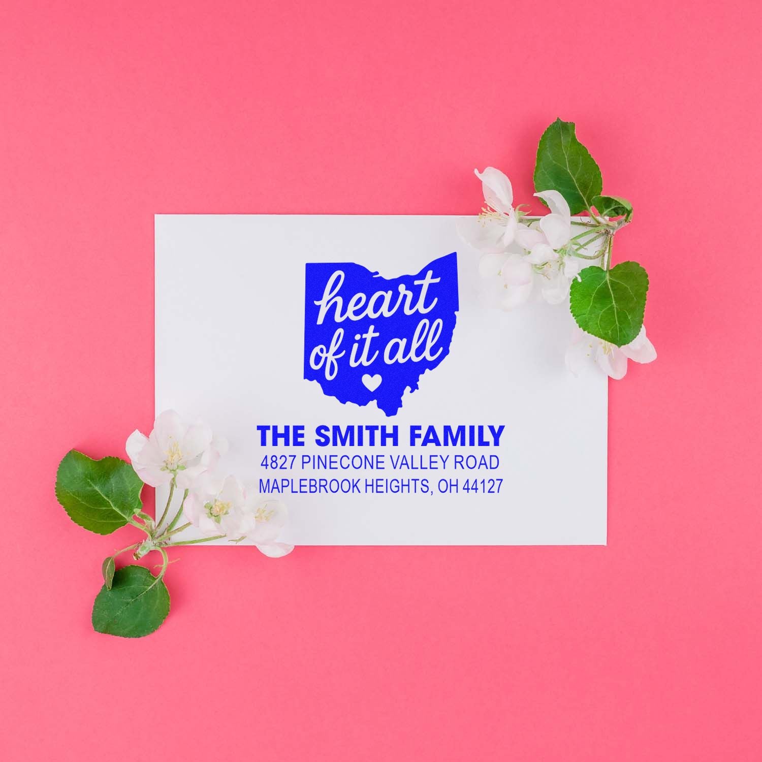 Custom Ohio return address rubber stamp with family name and address for personalized envelopes and wedding or business mailings.