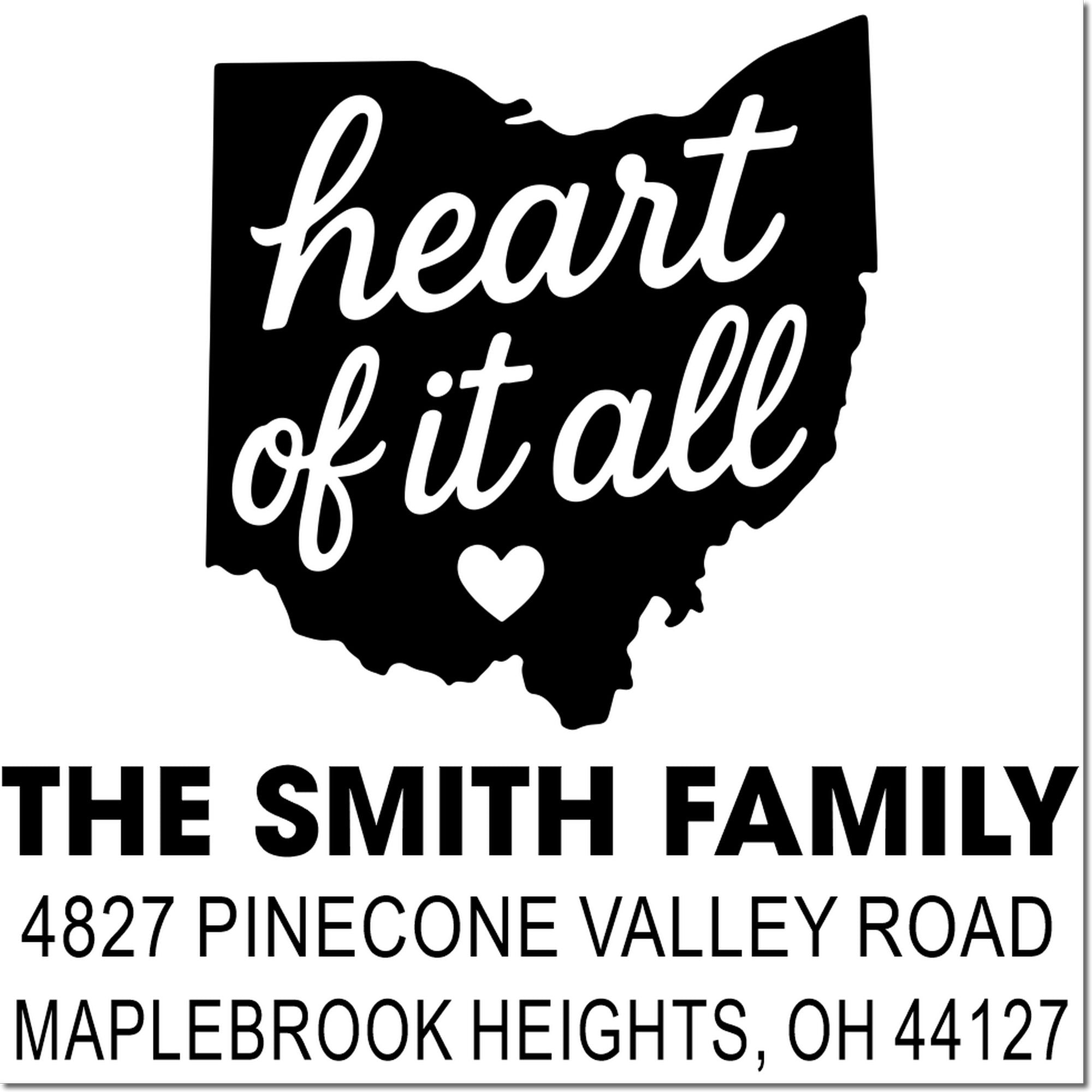 Custom Ohio address rubber stamp with heart of it all design for The Smith Family, Maplebrook Heights, OH.
