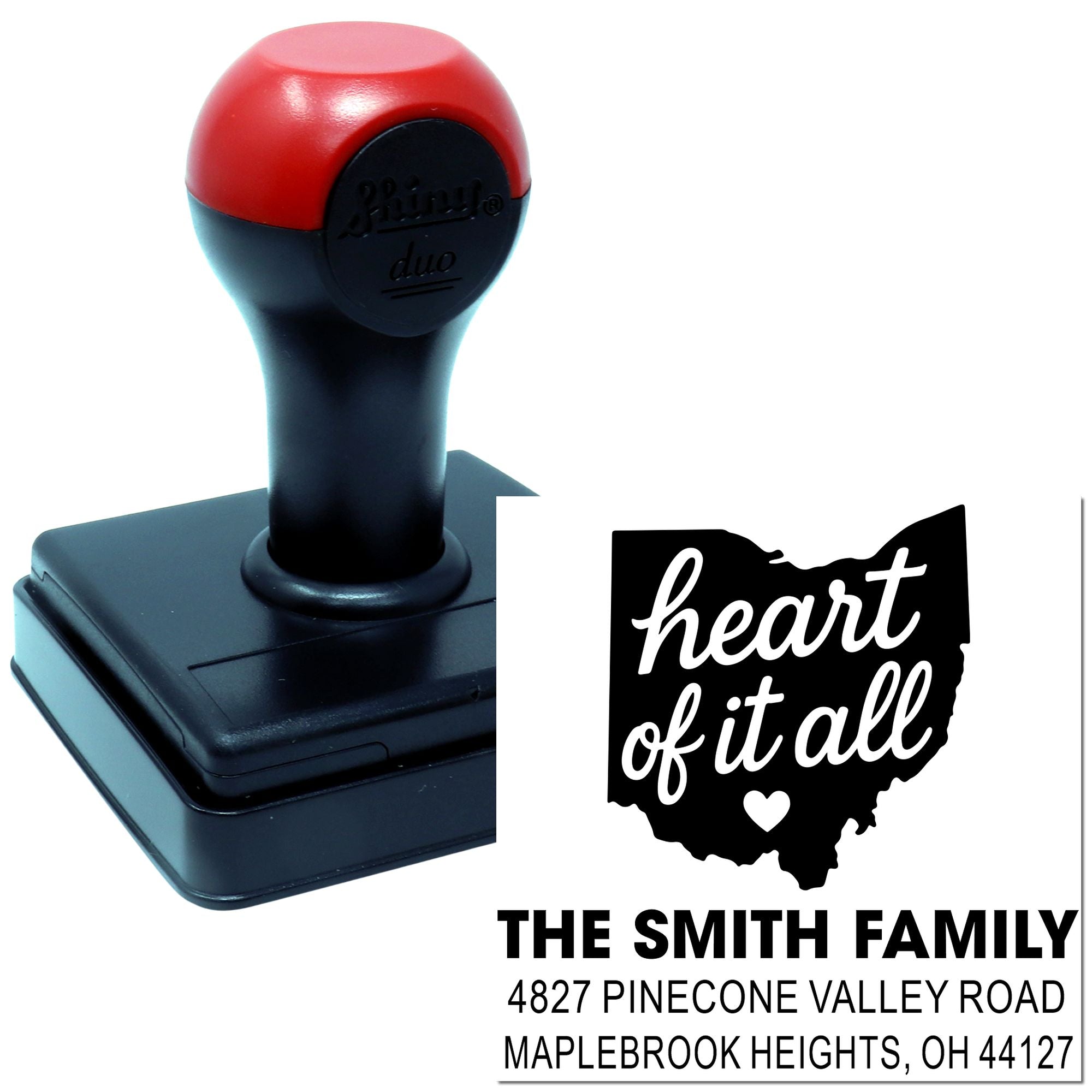 Custom self-inking Ohio heart rubber address stamp for The Smith Family with Maplebrook Heights, OH return address.
