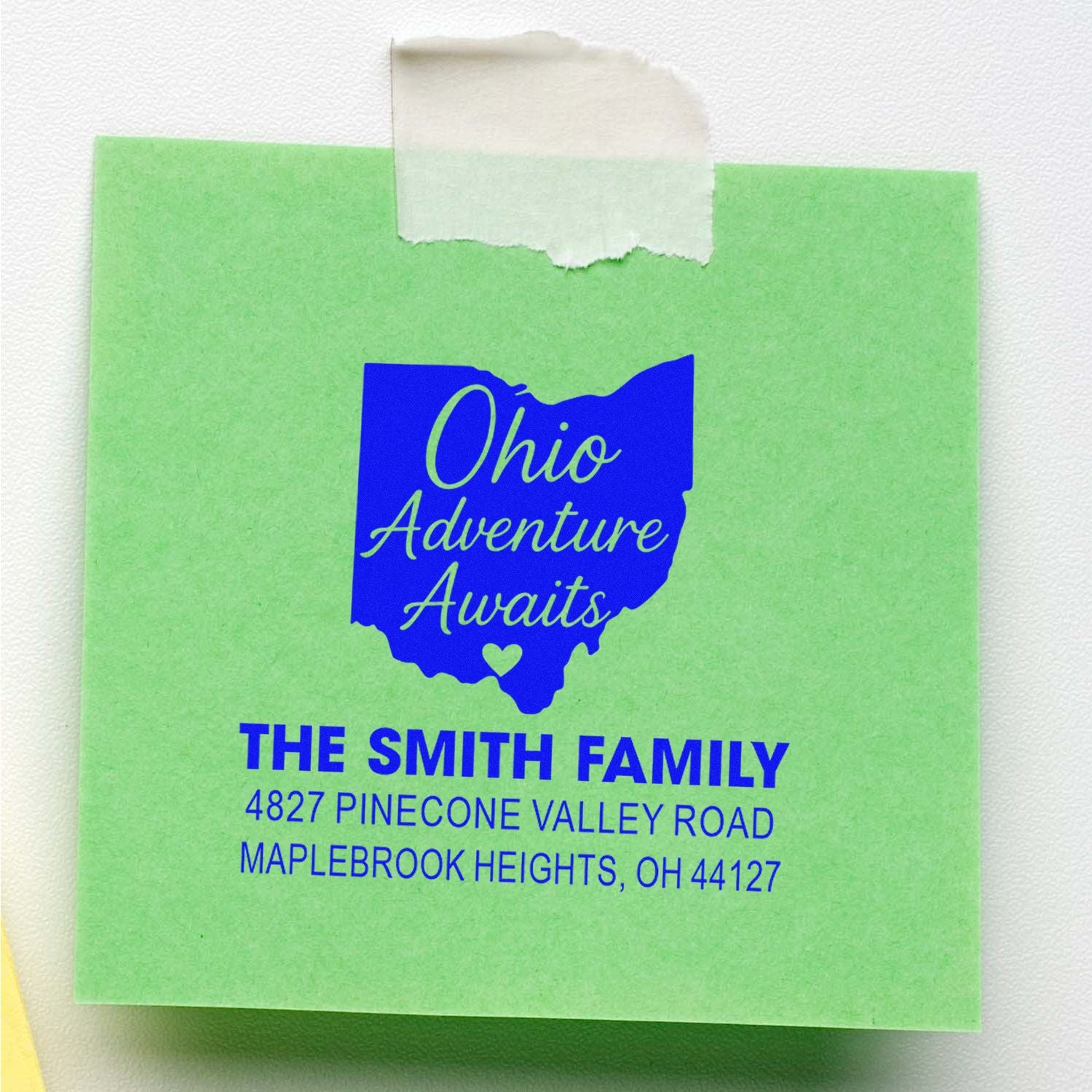 Custom Ohio return address rubber stamp with Ohio Adventure Awaits and Smith family address.