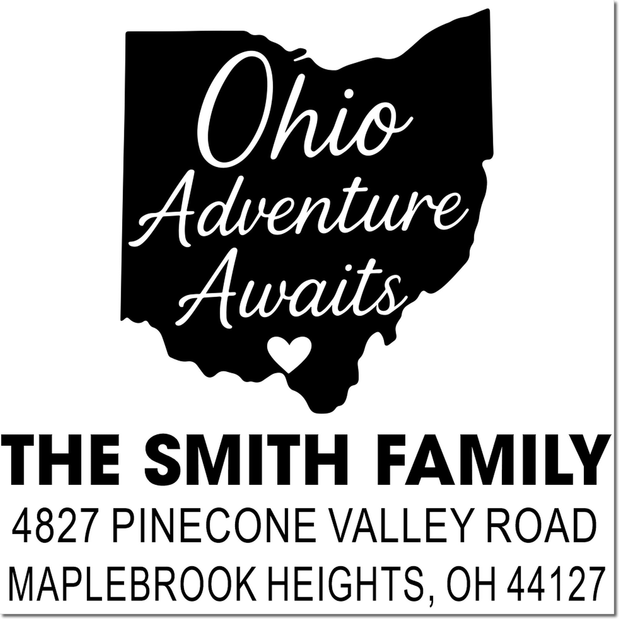 Ohio Adventure Awaits custom Ohio return address rubber stamp for The Smith Family, Maplebrook Heights, OH 44127.