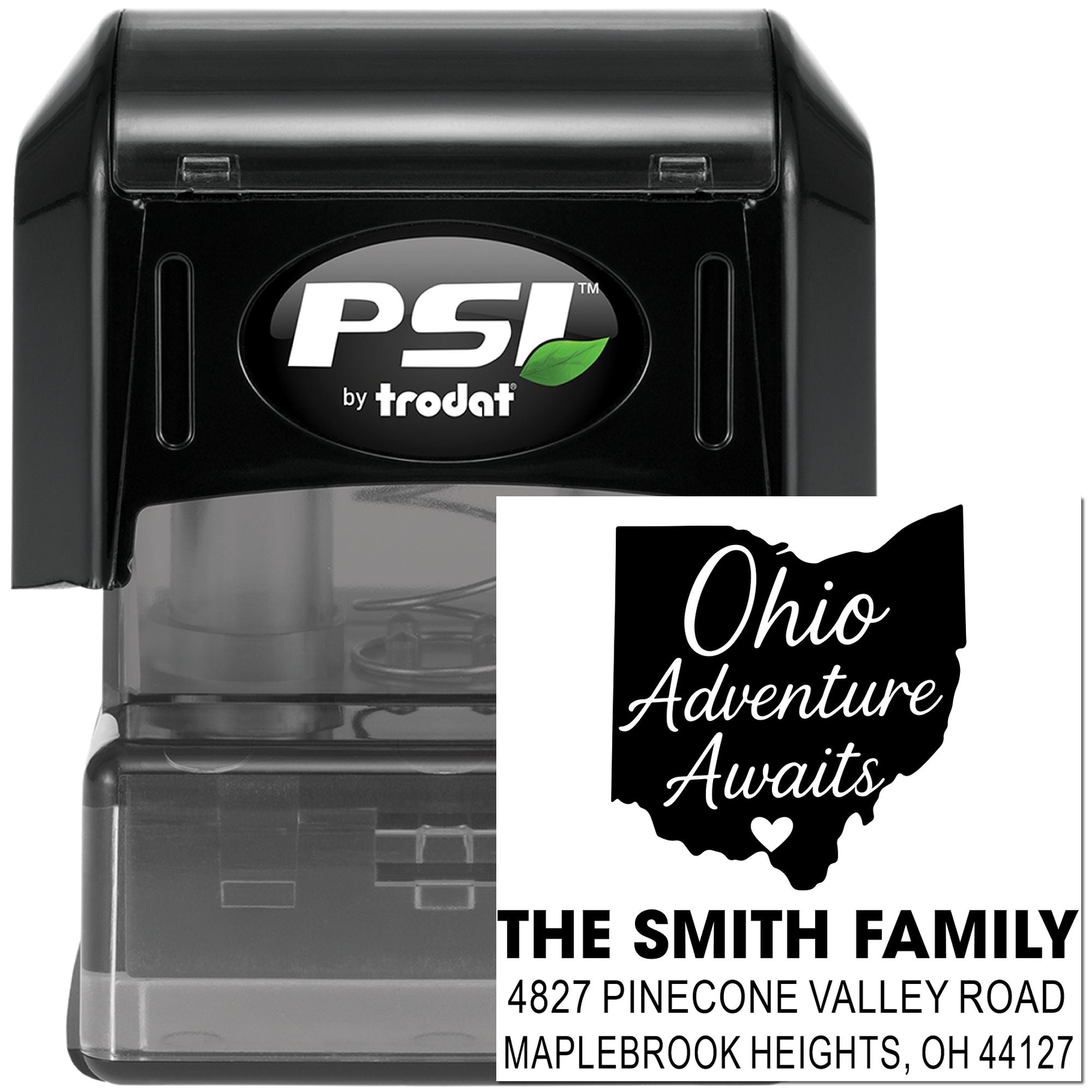 Custom Ohio self-inking address rubber stamp by PSI Trodat for family mailings, with Ohio Adventure Awaits design.