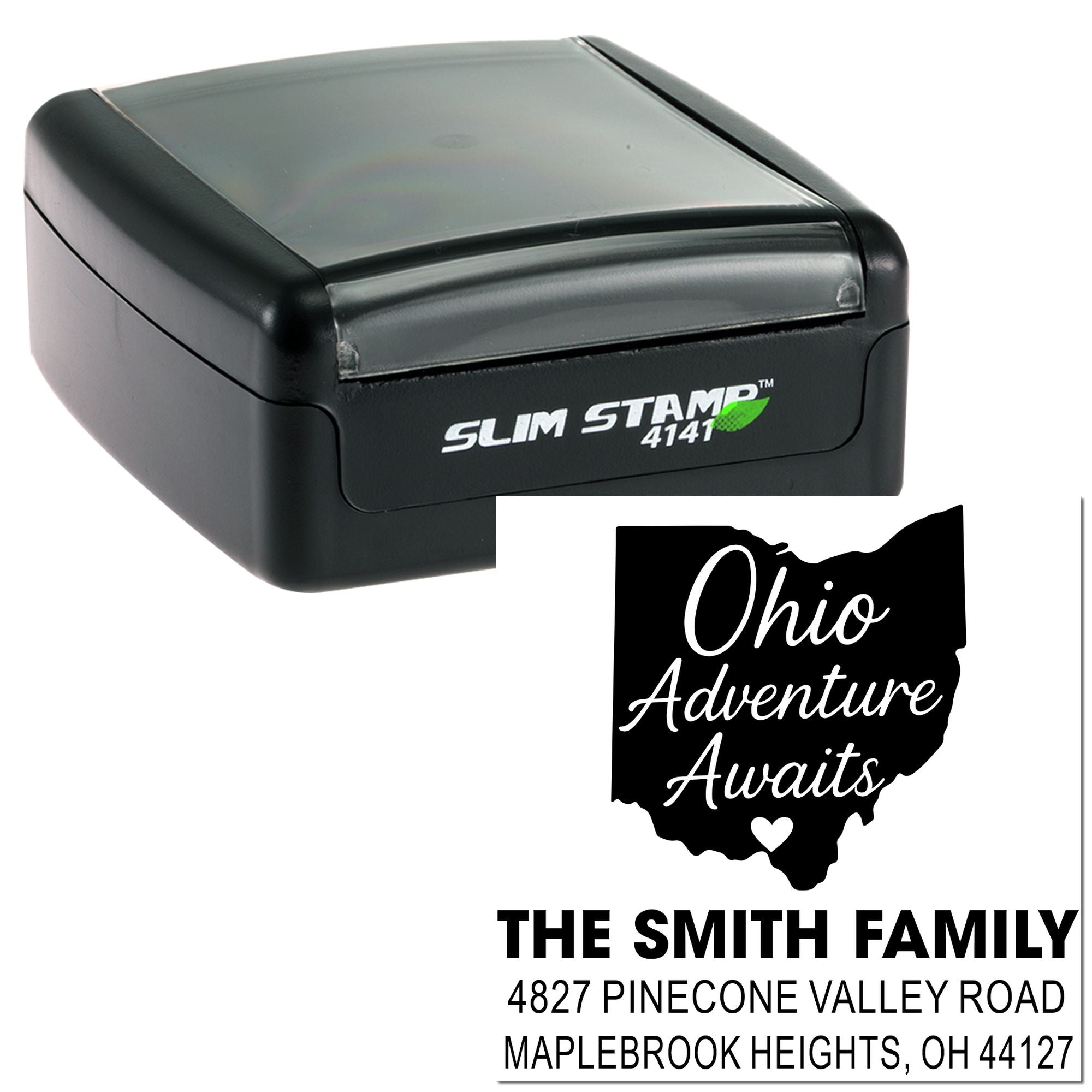 Custom Ohio family address rubber stamp with Ohio Adventure Awaits design and Slim Stamp case.