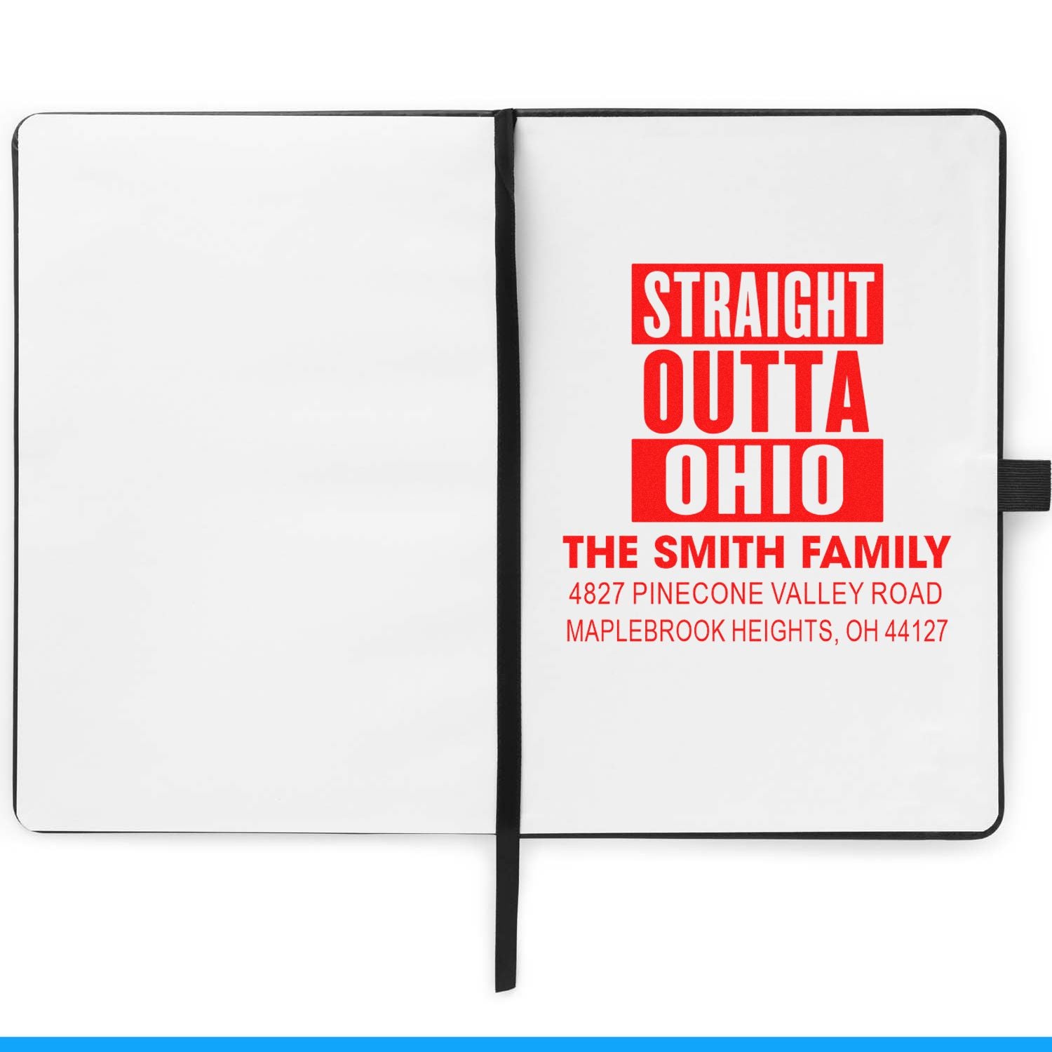 Custom return address rubber stamp with Straight Outta Ohio design for The Smith Family, Ohio.