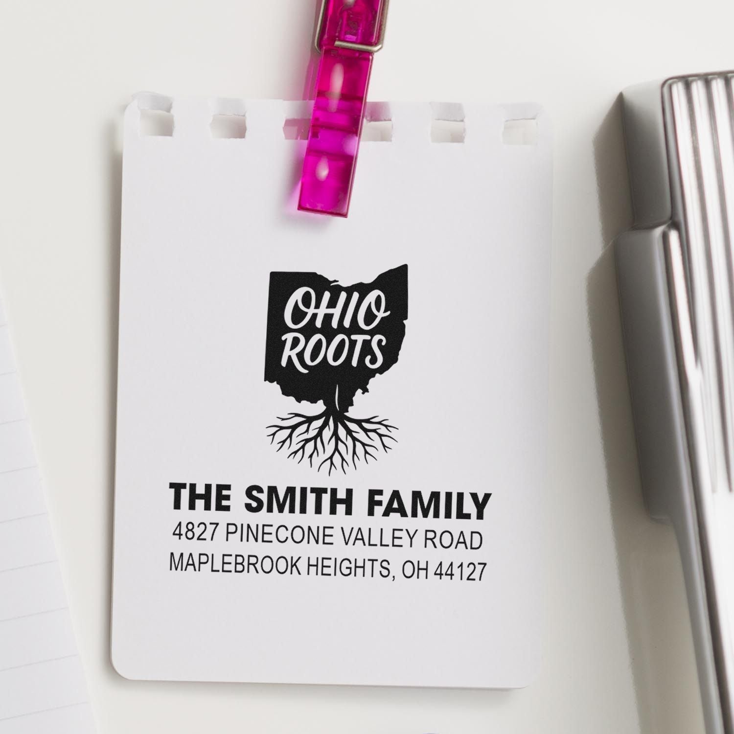 Custom Ohio Roots return address rubber stamp for The Smith Family, personalized with name and Maplebrook Heights address.