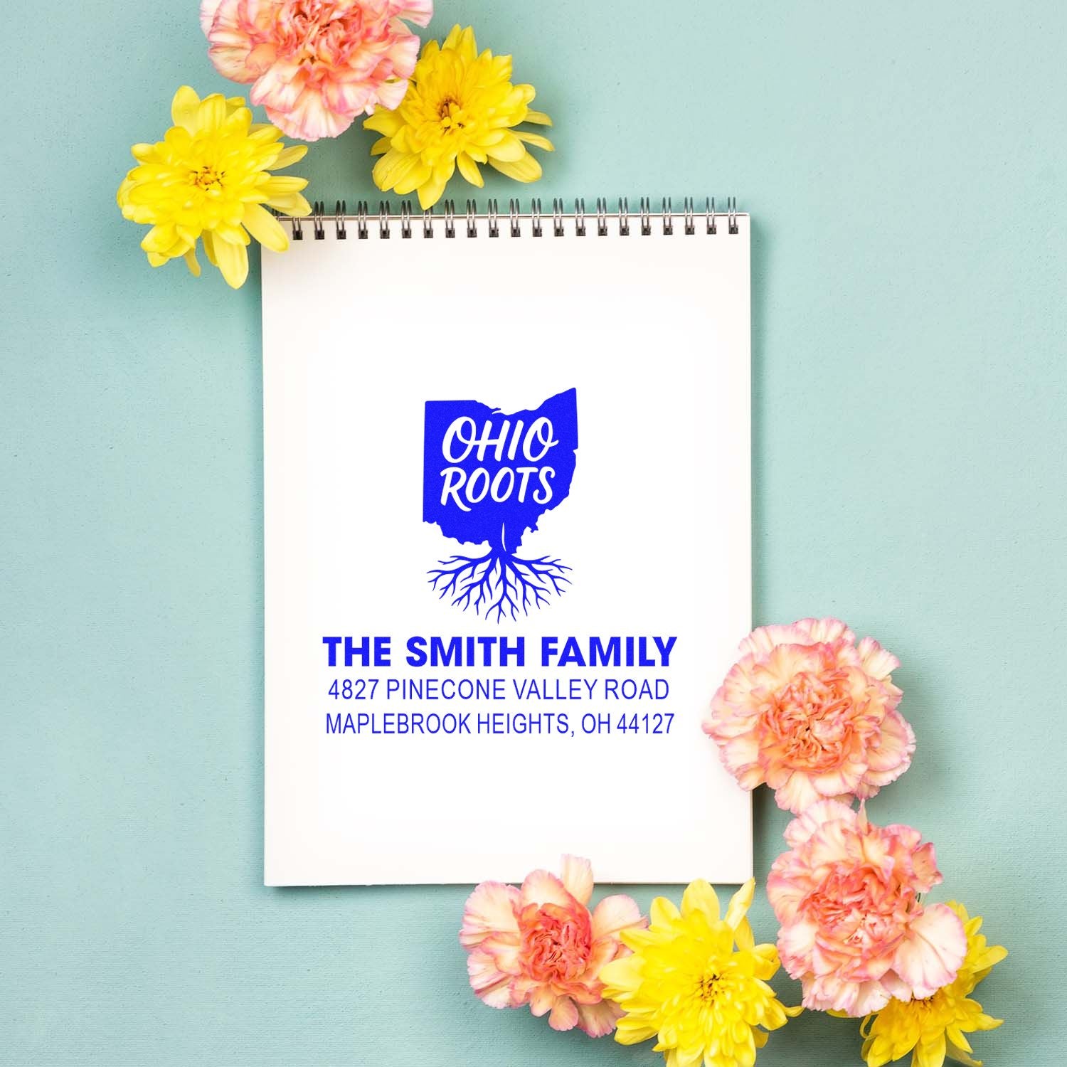 Ohio Roots return address rubber stamp for The Smith Family, personalized with Ohio address and state logo.