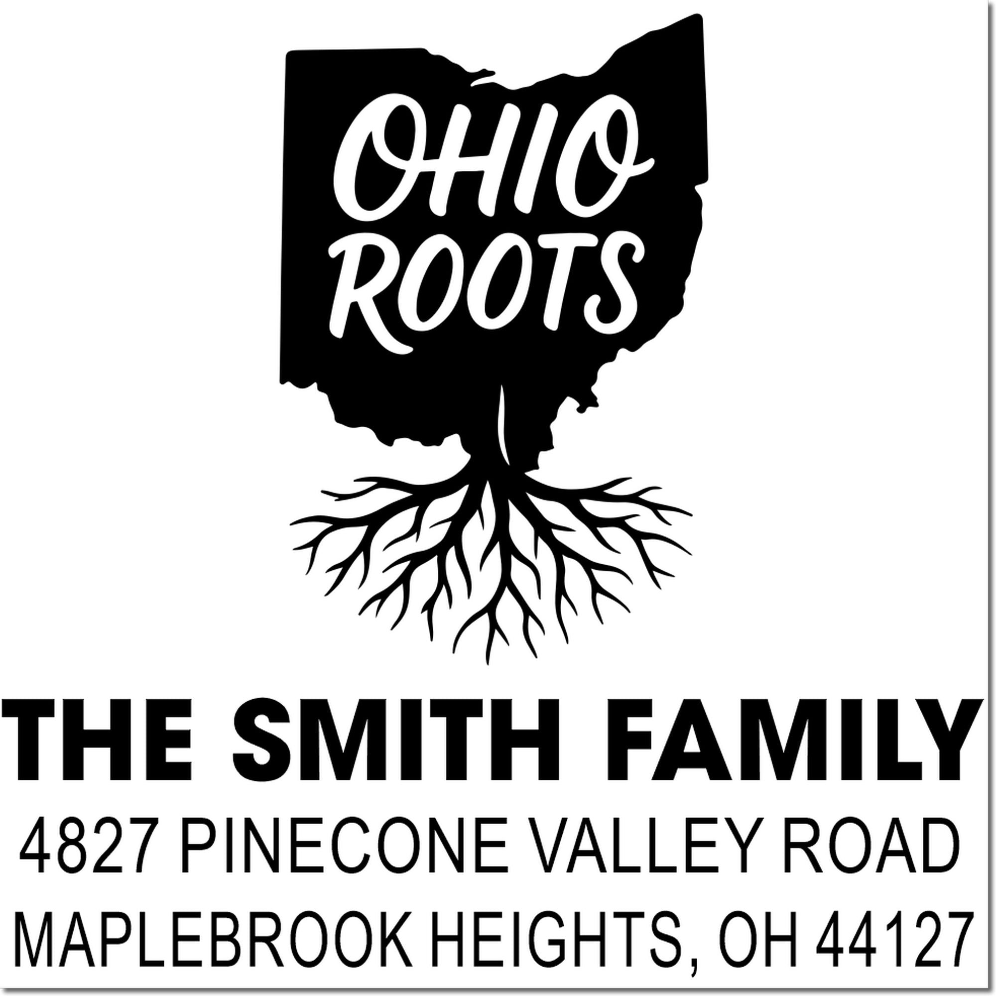 Custom Ohio family address rubber stamp with roots design for The Smith Family, Maplebrook Heights, OH 44127