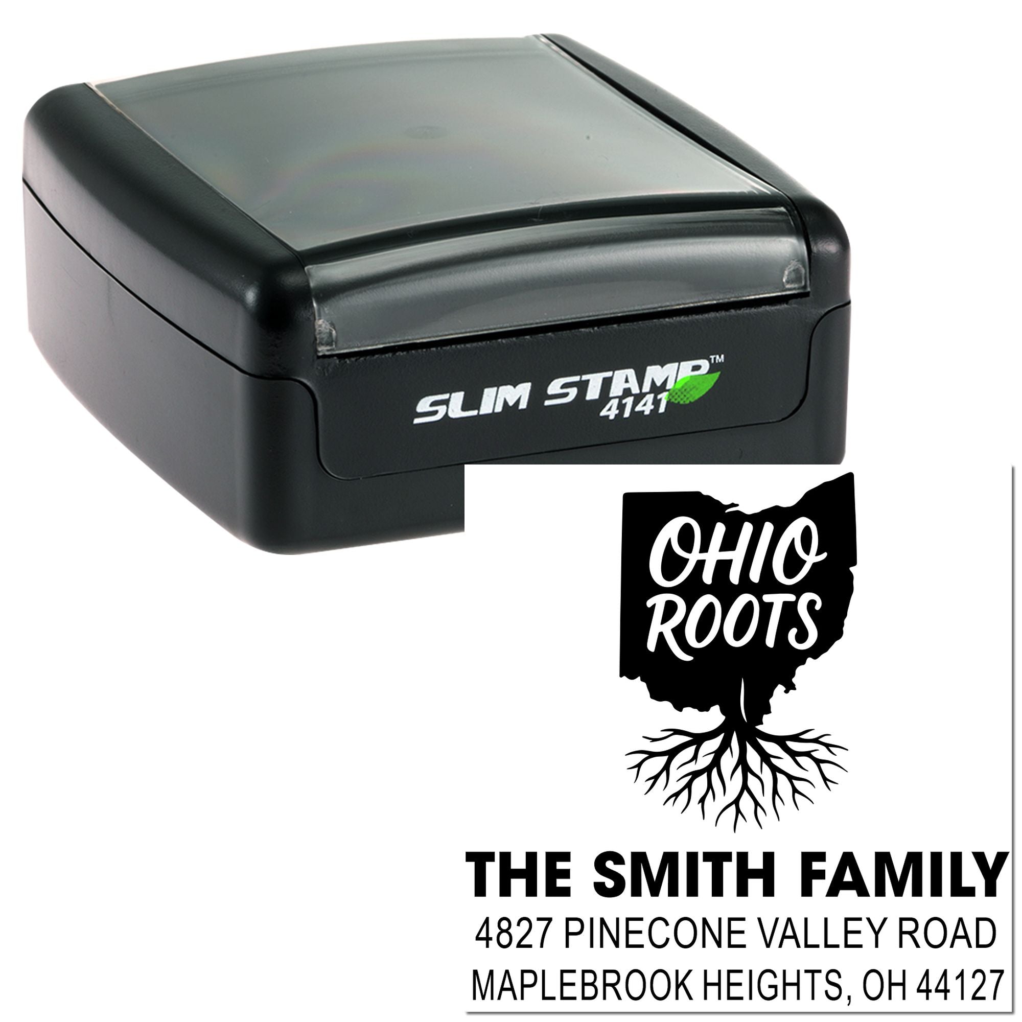Custom Ohio Roots address rubber stamp in Slim Stamp 4141 case for personalized family return address labeling.