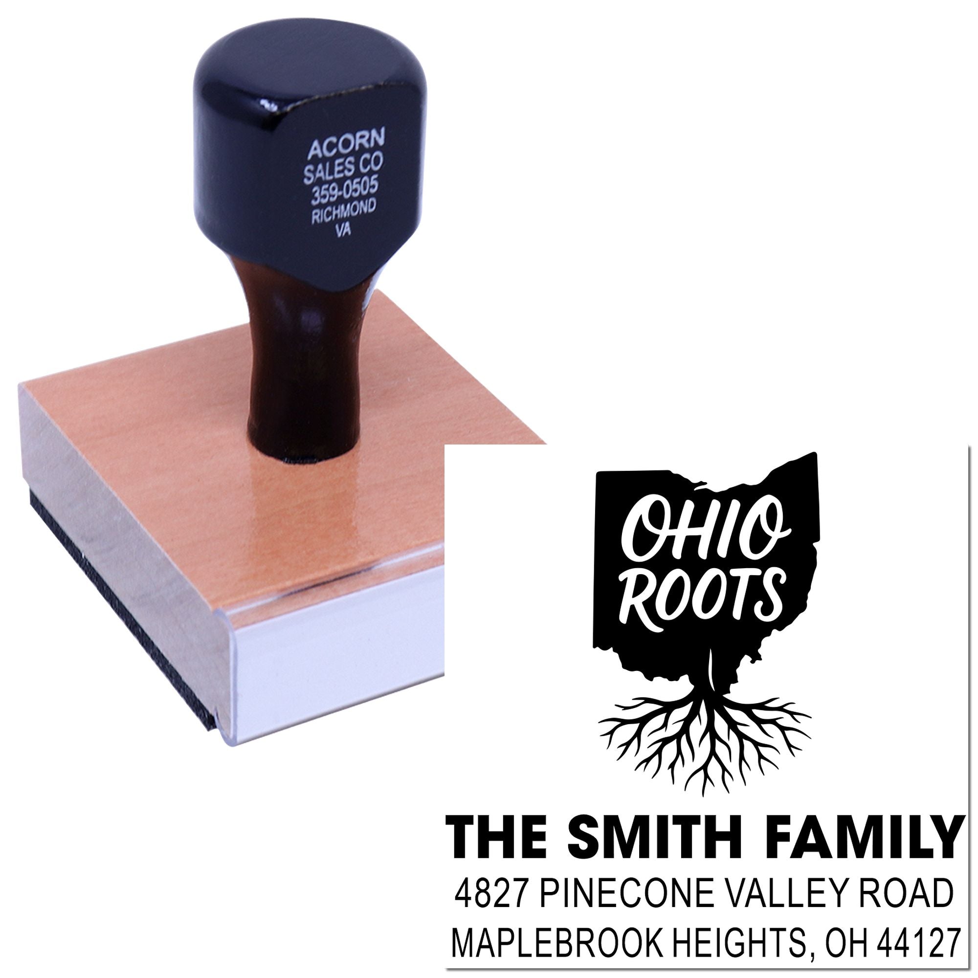 Custom Ohio Roots family address rubber stamp shown on a block, ideal for personalized mail, invitations, and branding.