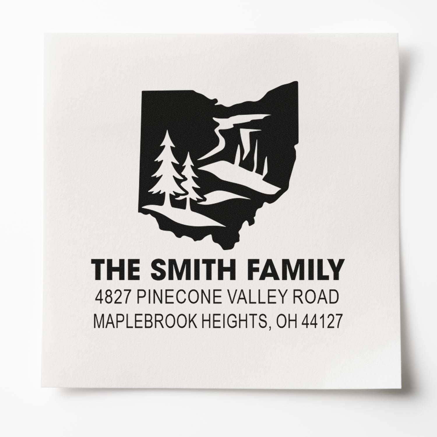 Custom family address rubber stamp with Ohio state tree design for The Smith Family, 4827 Pinecone Valley Road, Maplebrook Heights, OH