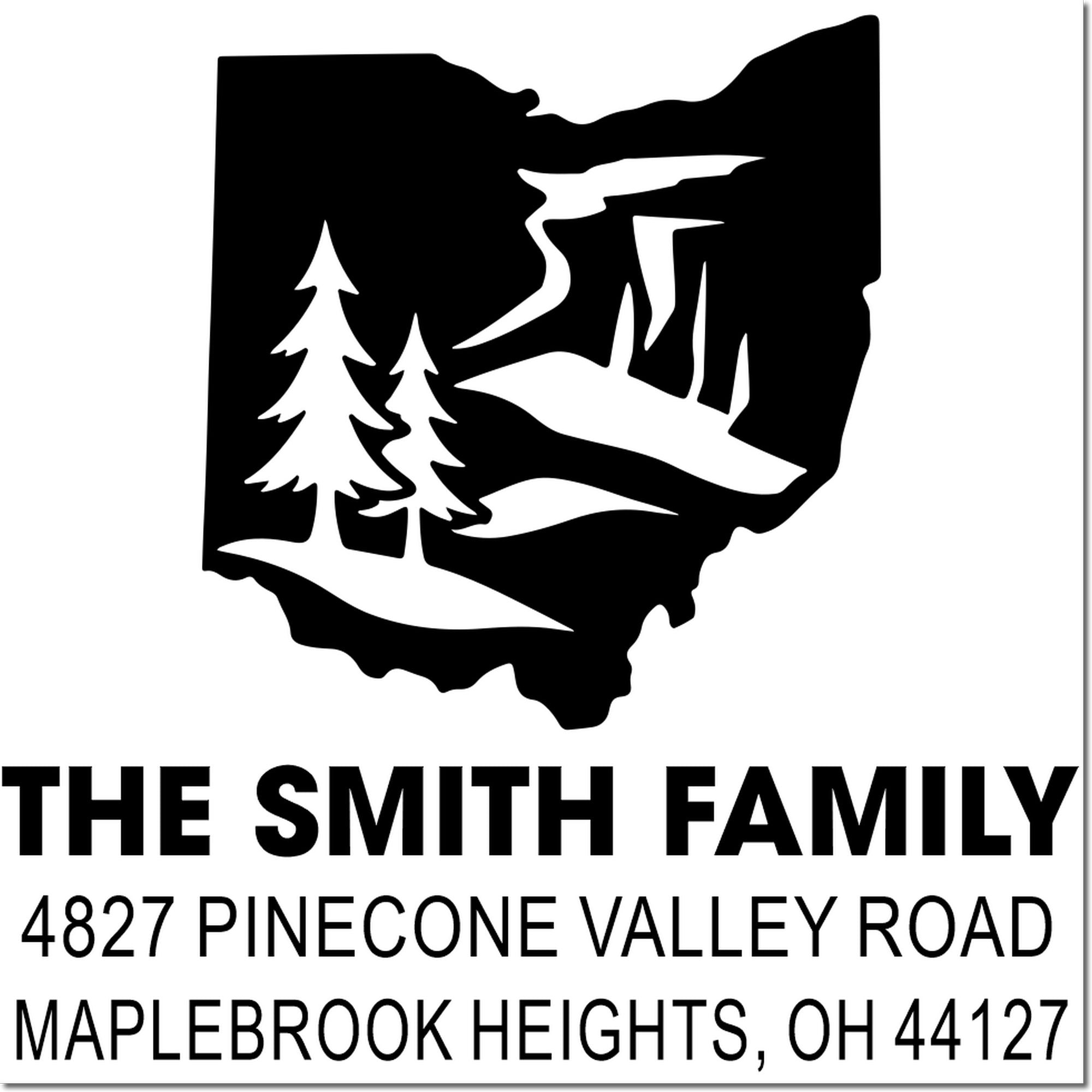 Custom Ohio return address rubber stamp with state silhouette, Smith family name, and Maplebrook Heights, OH 44127.