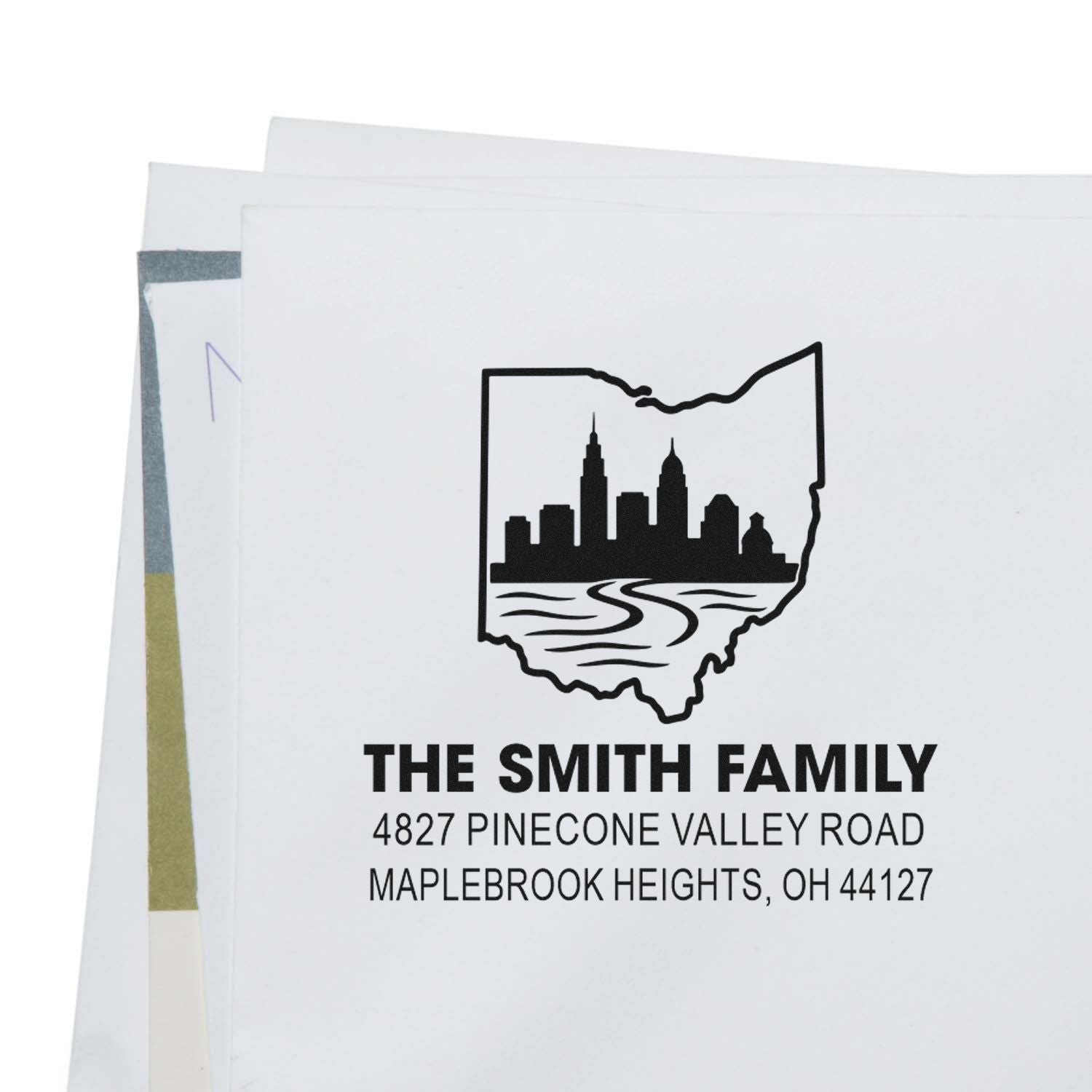 Personalized Ohio return address rubber stamp with skyline design, Smith family name, and Maplebrook Heights address