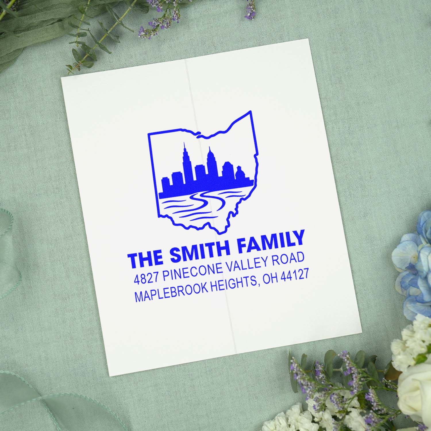 Custom Ohio skyline rubber address stamp for The Smith Family, perfect for personalized envelopes, stationery, and invitations.